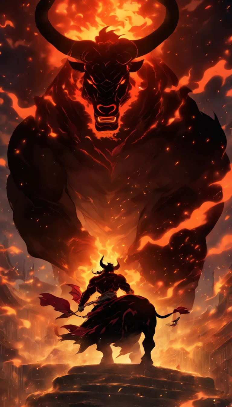 A toreador next to a rearing bull in a dark, epic and fiery atmosphere. This illustration will be in a manga style, with the character in the foreground and the bull behind him.