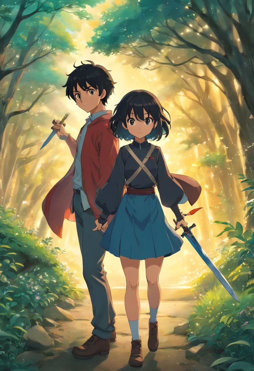 anime, woman and man, two people, full body, black hair, short hair, curly hair, Sword art style anime online