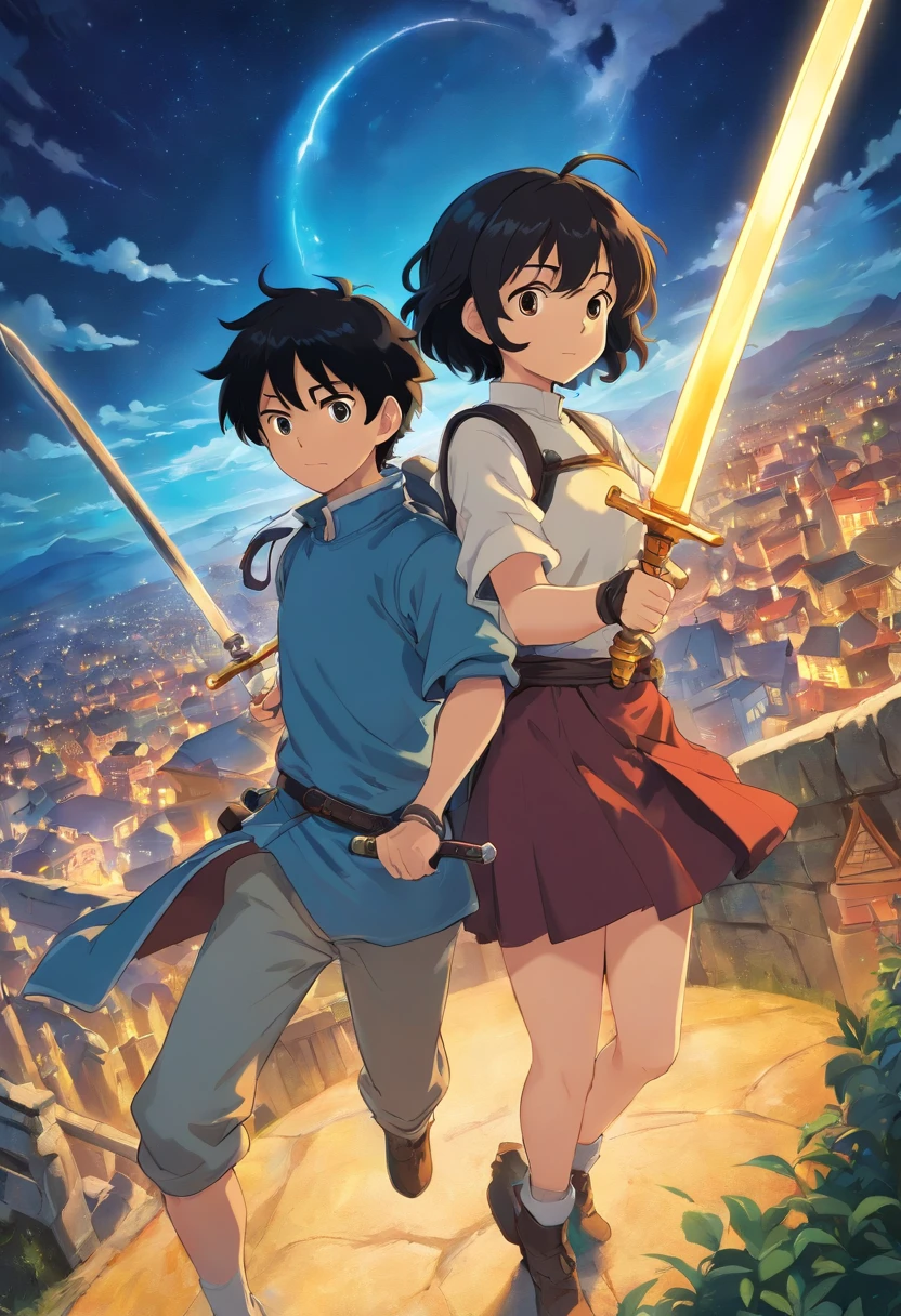 anime, woman and man, two people, full body, black hair, short hair, curly hair, Sword art style anime online