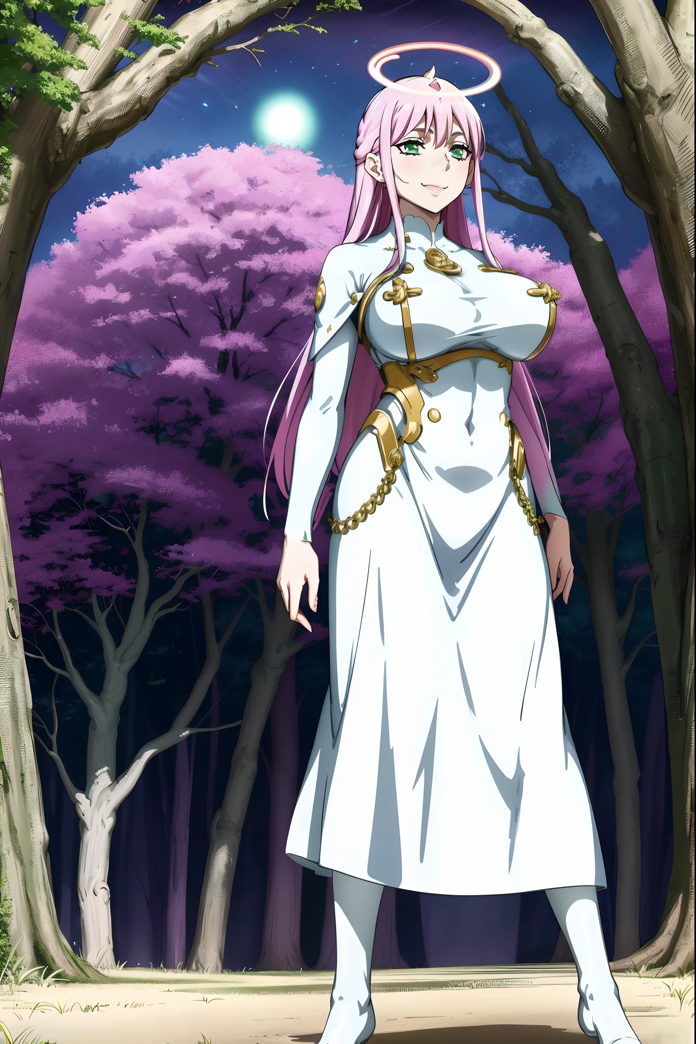 Zero Two, dress, sun halo, holy, smile, medium breast, priestess, full body, walking, divine aura, sun halo, solar halo, long skirt, porcelain skin, ethereal, graceful movement, flowing golden hair, radiant beauty, enchanting gaze, serene expression, soft sunlight, angelic presence, celestial atmosphere, mystical background, celestial light, glowing halo, gentle breeze, ethereal glow, captivating aura, divine radiance, natural beauty, sublime elegance, heavenly charm, peaceful countenance, harmonious surroundings, ethereal grace, mesmerizing presence, transcendent allure, magical serenity, serene and majestic, radiant happiness, heavenly enchantment, delicate features, elegant posture, celestial maiden, otherworldly presence, serene and ethereal, divine embodiment, celestial being, spiritual tranquility, mesmerizing beauty, ethereal goddess, radiant purity. Preparing SeaArt Bot Txt2Img Default 21:19:45, green eyes, white robe, large skirt, long skirt, longeyelashes, solid circle eyes, light smile, ear blush, fang, Surrealism, drop shadow, anaglyph, stereogram, tachi-e, pov, atmospheric perspective, 8k, super detail, ccurate, best quality, best quality, high quality, super detail, anatomically correct, retina, UHD, masterpiece, high details, award winning, highres, textured skin, ccurate, venus body,medieval clothing, dark atmosphere, ornate details, dim lighting, dramatic shadows, mysterious aura, intricate lace patterns, porcelain skin, bewitching gaze, elegant posture, majestic presence, flowing silhouette, gothic architecture, candlelit hauntingly beautiful, enchanting presence, ethereal ambiance, alluring expression, intense sensuality, exquisite jewelry, supernatural allure, captivating aura, sensual curves, full body, boots, happy, smile, boots, standing pose, black cape