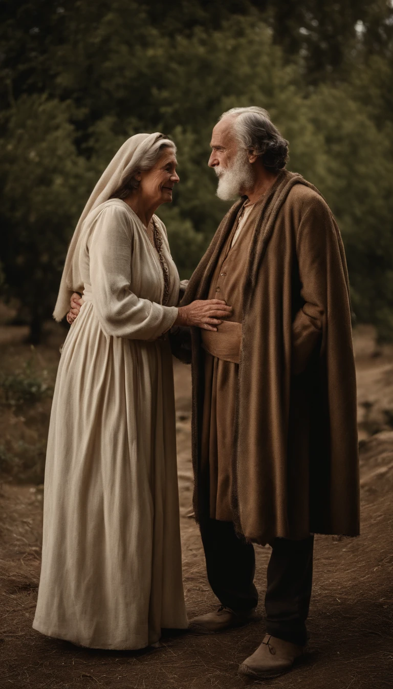 Abraham, de 75 anos ,hugged his wife Sara of 70 years,In the twentieth century.C , with clothes from the twentieth century BC,Biblical characters from the New Testament of the Bible,
