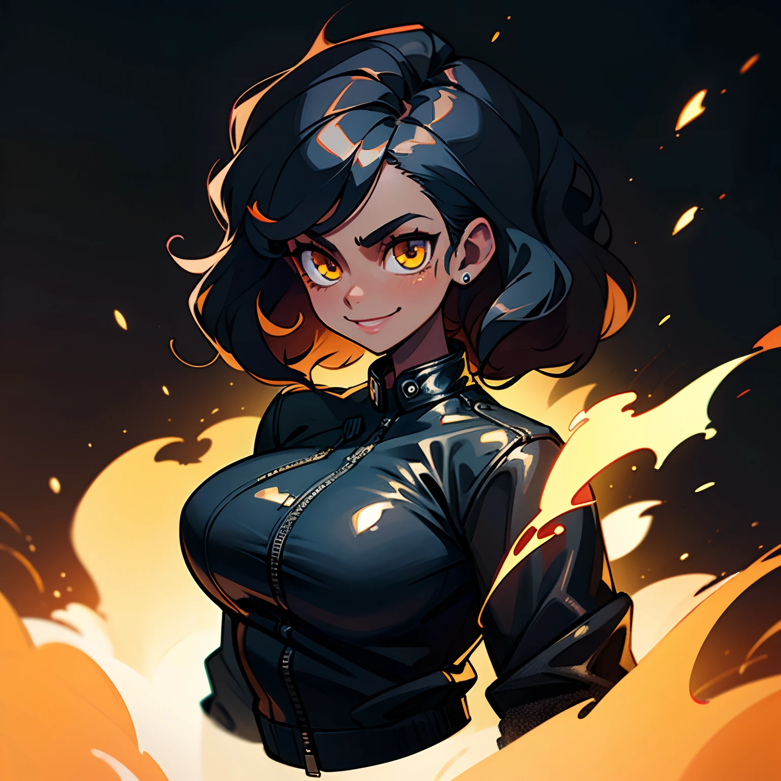 ((solo character)), ung adult woman, cocky smile, shiny golden eyes, big breasts, strong body, ((black woman)), ((black skin)), black leather jacket, cropped shirt, black wavy hair, fire background