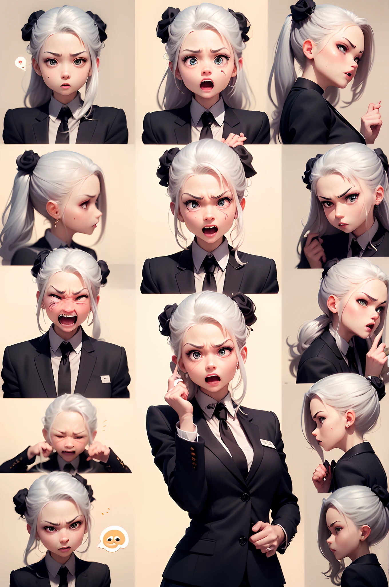 (Office worker, anime style character, Emoji pack), (silver hair, old lady, wearing suit:1.3),(emoji design sheet),Align arrangement, poses and expressions, (upper body),(Black strokes, Different emotions, various facial expressions), (multiple expressions of the same character:1.6),(masterpiece, best quality, highly detailed, high-resolution illustration:1.2), (sad, happy, having fun, exhausted, big laugh, Angry, doubt, cute, wait, hurry)