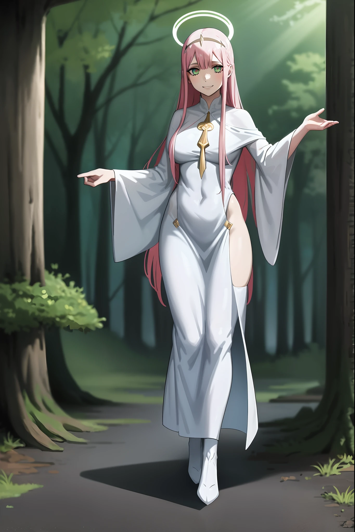 Zero Two, dress, sun halo, holy, smile, medium breast, priestess, full body, walking, divine aura, sun halo, solar halo, long skirt, porcelain skin, ethereal, graceful movement, flowing golden hair, radiant beauty, enchanting gaze, serene expression, soft sunlight, angelic presence, celestial atmosphere, mystical background, celestial light, glowing halo, gentle breeze, ethereal glow, captivating aura, divine radiance, natural beauty, sublime elegance, heavenly charm, peaceful countenance, harmonious surroundings, ethereal grace, mesmerizing presence, transcendent allure, magical serenity, serene and majestic, radiant happiness, heavenly enchantment, delicate features, elegant posture, celestial maiden, otherworldly presence, serene and ethereal, divine embodiment, celestial being, spiritual tranquility, mesmerizing beauty, ethereal goddess, radiant purity. Preparing SeaArt Bot Txt2Img Default 21:19:45, green eyes, white robe