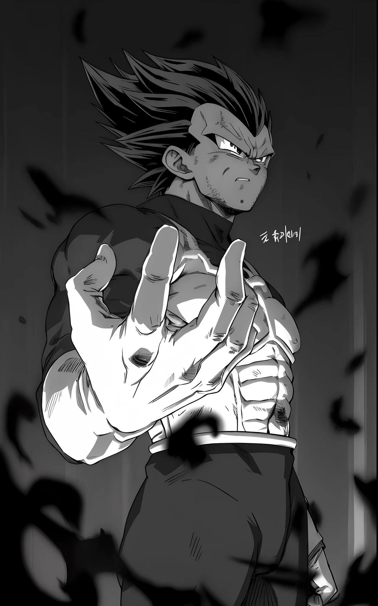 a drawing of a man with a fist in his hand, with vegeta head hair, Vegeta, prince vegeta, striking manga artstyle, ++++ super veiny hands, lineart perfeito, sombreamento fresco, Estilo Akira Toriyama, kentaro miura manga art style, he's very menacing and evil, Super Saiyajin, Broly