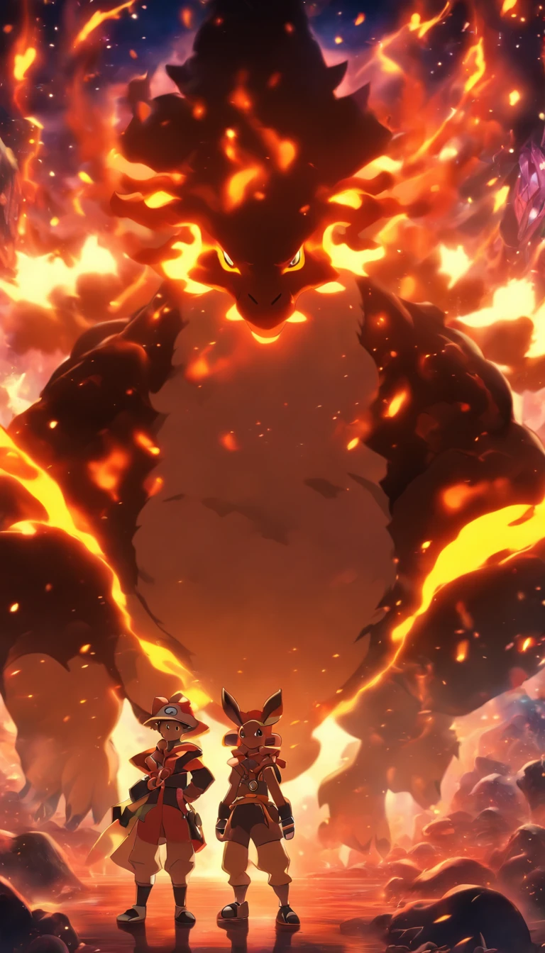 A pokémon trainer dressed as a toreadot next to a Tauros pokémon in a dark, epic and fiery atmosphere.