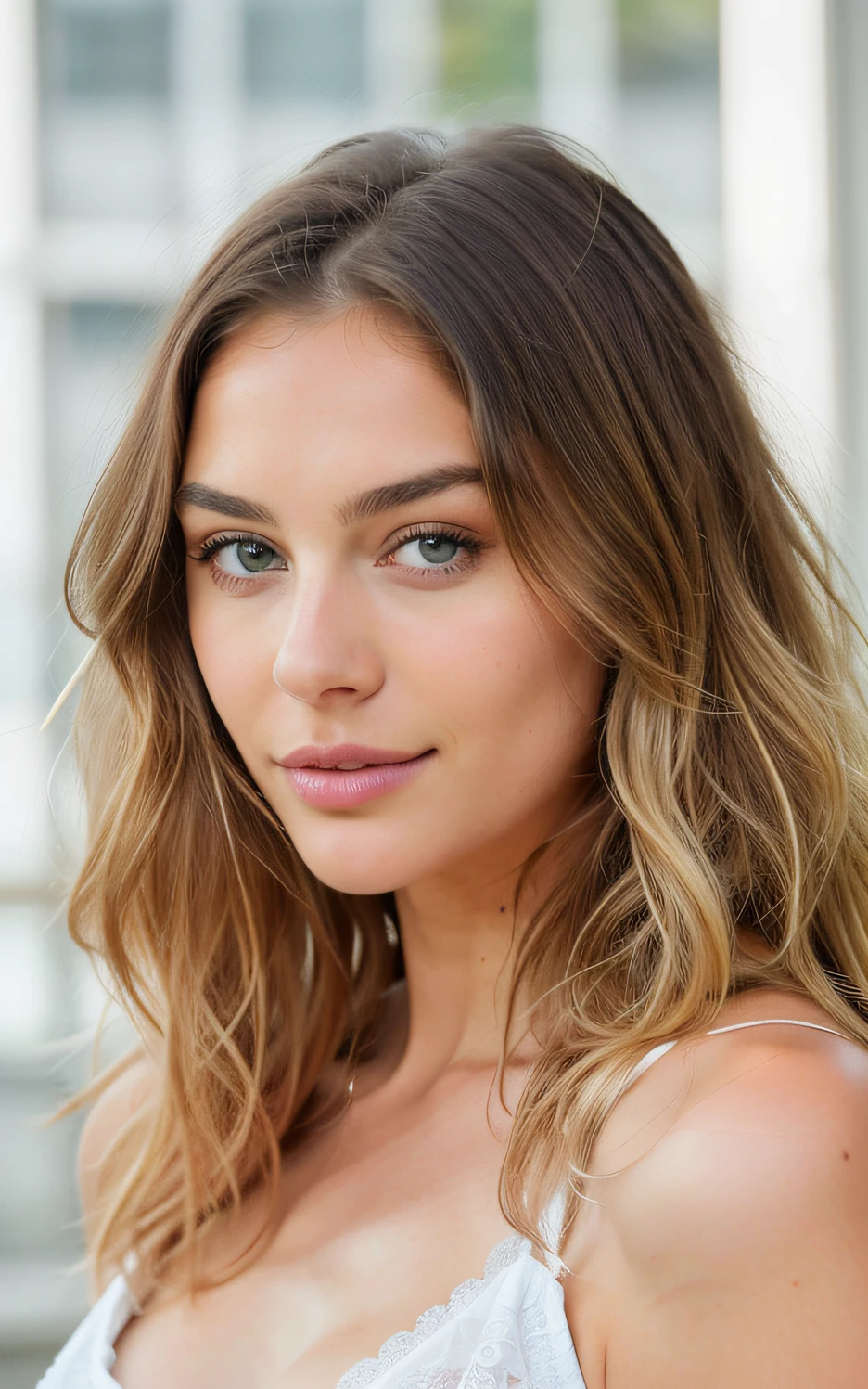 Beautiful French brunette with blonde highlights, Very detailed, 22 ans, visage innocent, natural wavy hair, yeux bleus, High resolution, Masterpiece, Best quality, intricate high detail, highly detailed, mise au point nette, detailed skin, realistic skin texture, texture, detailled eyes, professionnel, 4K, sourire charmant, filmed on Canon, 85 mm, faible profondeur de champ, Couleur Kodak Vision, perfect fit body, Extremely detailed, photographier_\(ultra\), photoreallistic, Realstic, Post-traitement, maximum details, roughness, real life, ultra realist, photorealism, photographie, 8K UHD, photographie