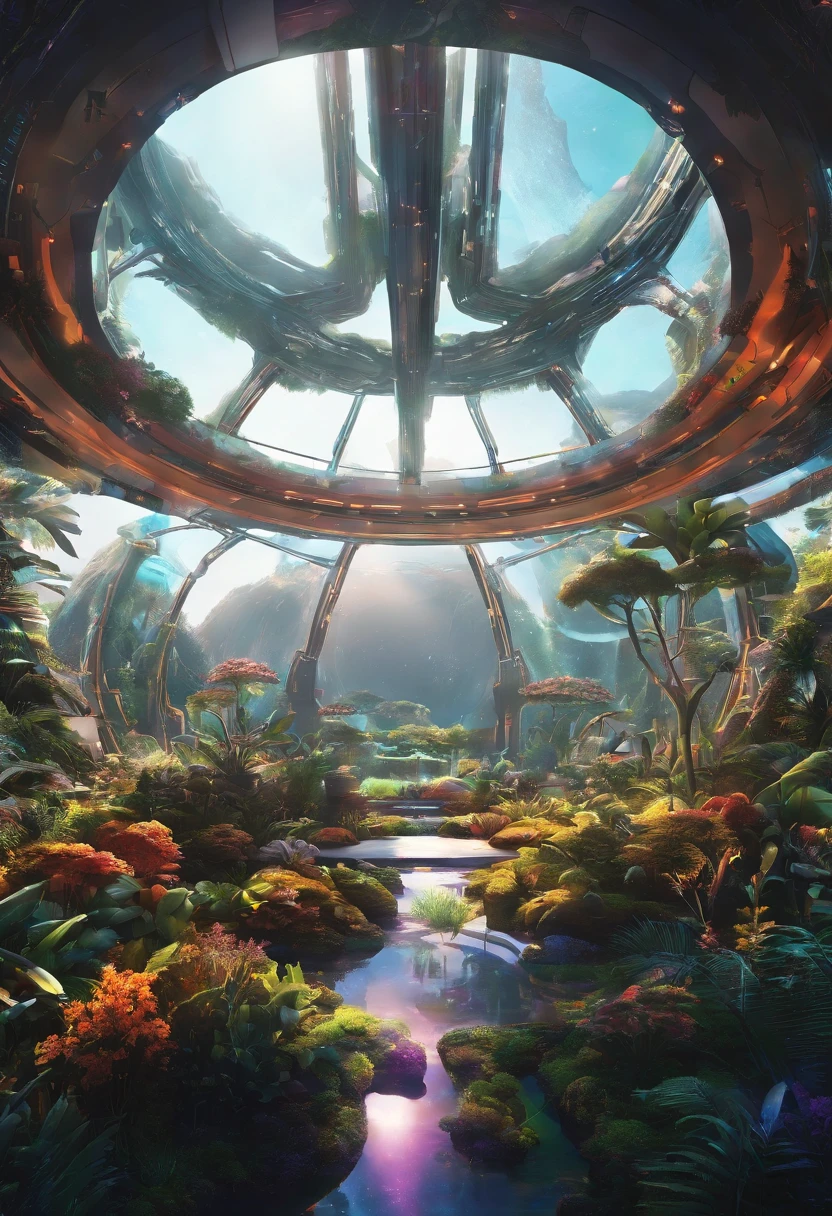 O ambiente interior da nave espacial,The internal area of the botanical garden is very large and vast,There are very tall, lush forests that fill the entire space,The plantation is topped by a glass dome,abelhas em todos os lados, See the background of the dome's space nebula,There are many instruments and screens in the cockpit,There's birds and butterflies flying,e o sol brilhava intensamente,bem iluminado,futuristic sci-fi setting,Future Sci-Fi Aesthetic Garden Layout,Atmosfera isolada e misteriosa,Luzes de rua coloridas na sombra,There's a glimmer of fire under the creek, --real