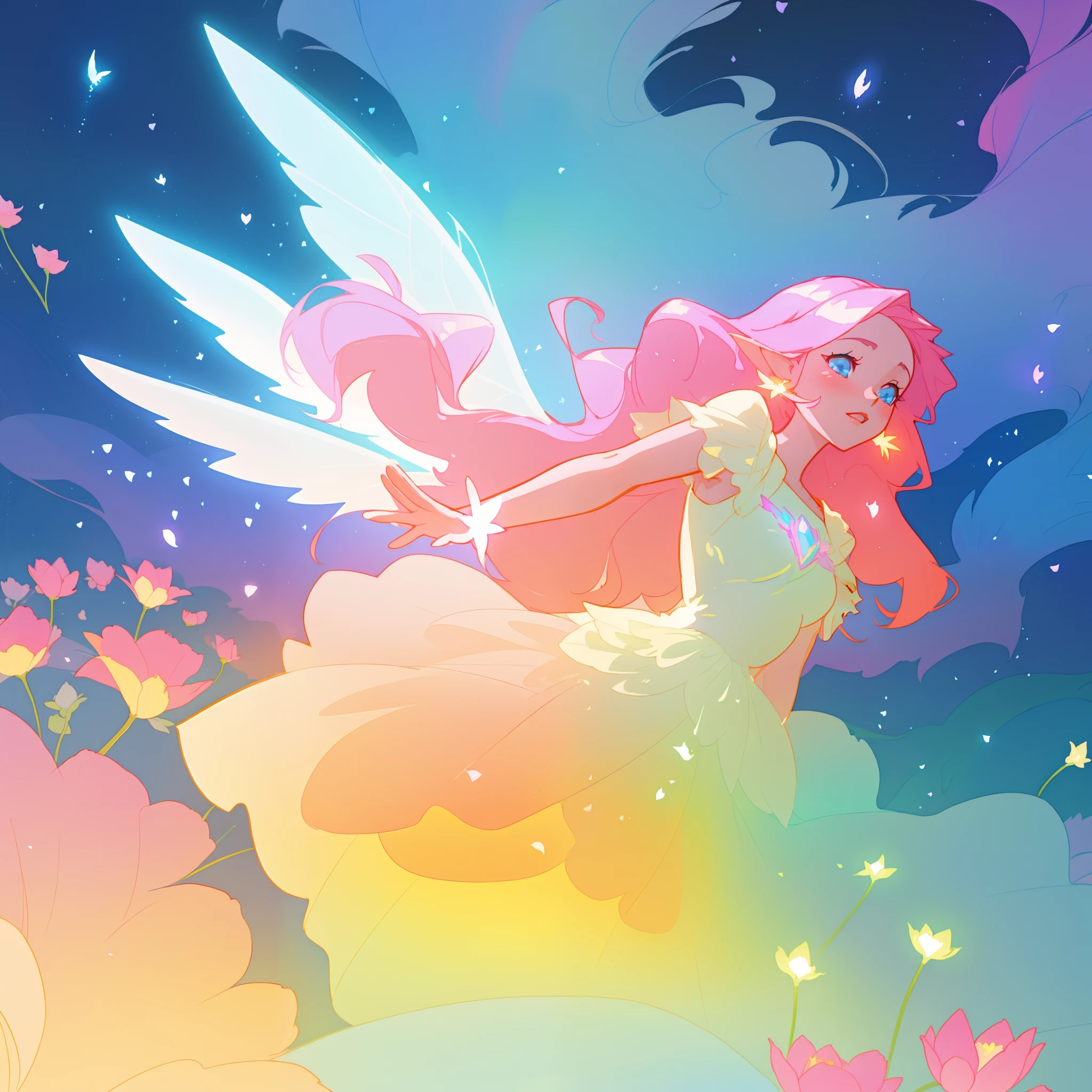 beautiful girl in flowing ballgown dress, (glowing fairy wings), glowing flowing ballgown, long wavy hair, sparkling fairy wings, watercolor illustration, flowers and colorful plants, inspired by Glen Keane, inspired by Lois van Baarle, disney art style, by Lois van Baarle, glowing aura around her, by Glen Keane, jen bartel, glowing lights! digital painting, flowing glowing hair, glowing flowing hair, beautiful digital illustration, fantasia otherworldly landscape plants flowers, beautiful, masterpiece, best quality, anime disney style