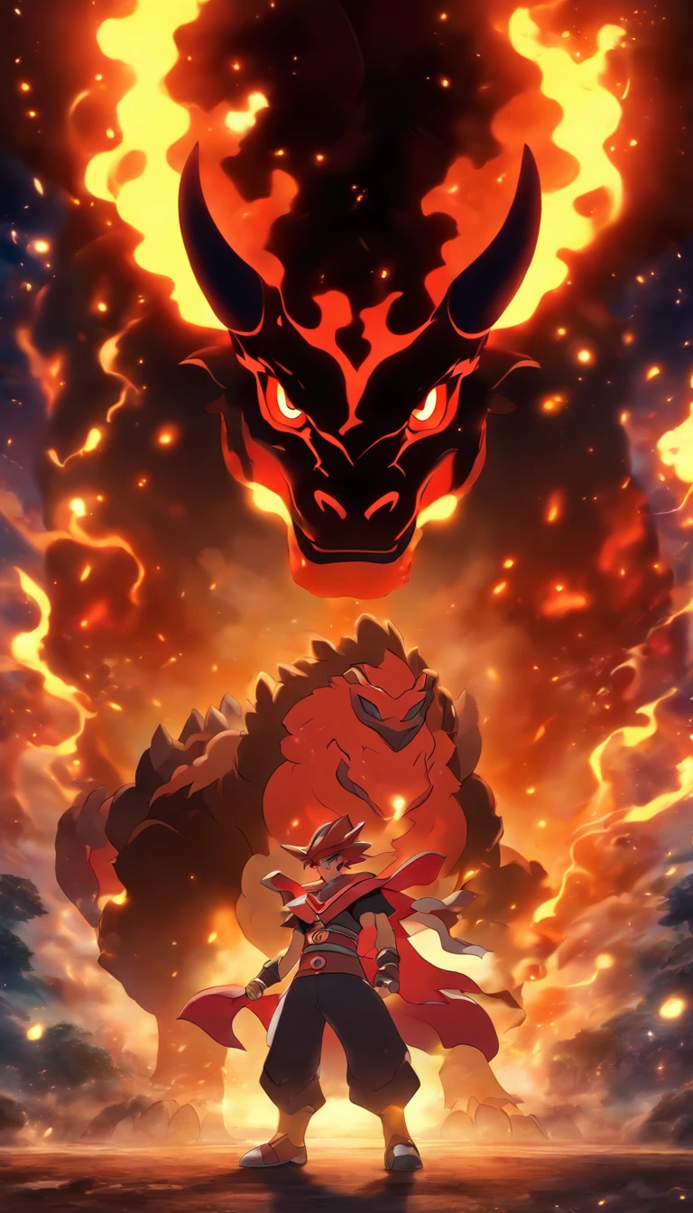 A pokémon trainer dressed as a toreador next to a Tauros pokémon in a dark, epic and fiery atmosphere. The pokémon is not much taller than the trainer