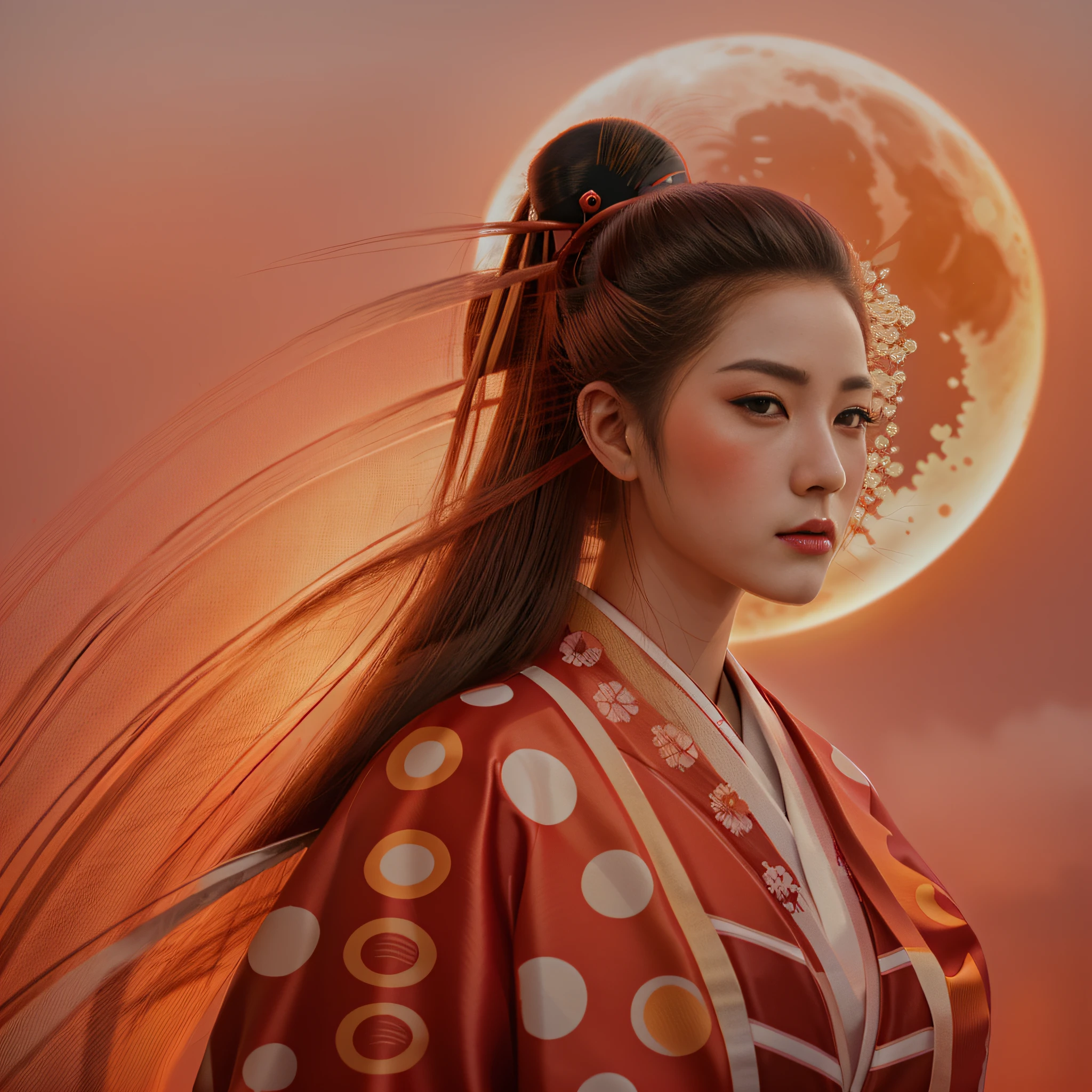 anime girl with long hair, and red kimono, standing in front of a full red moon, a beautiful kitsune woman, portrait of a beautiful geisha, onmyoji portrait, japanese goddess, a beautiful artwork illustration, portrait of geisha, portrait of mulan, in style of digital illustration, female geisha girl, beautiful character painting, beauty geisha.