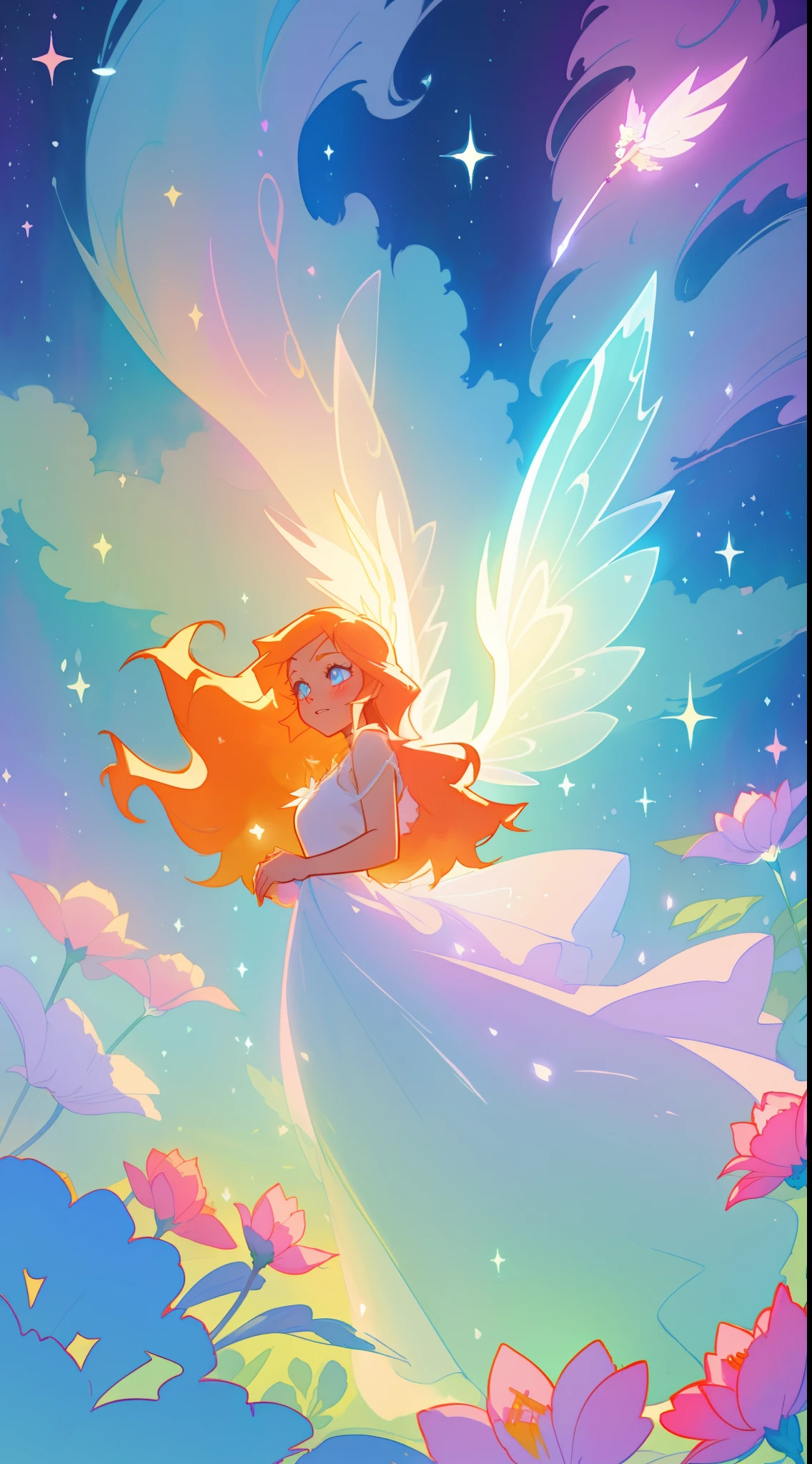 beautiful girl in flowing white dress, (glowing fairy wings), glowing flowing ballgown, long wavy hair, sparkling fairy wings, watercolor illustration, flowers and colorful plants, inspired by Glen Keane, inspired by Lois van Baarle, disney art style, by Lois van Baarle, glowing aura around her, by Glen Keane, jen bartel, glowing lights! digital painting, flowing glowing hair, glowing flowing hair, beautiful digital illustration, fantasia otherworldly landscape plants flowers, beautiful, masterpiece, best quality, anime disney style