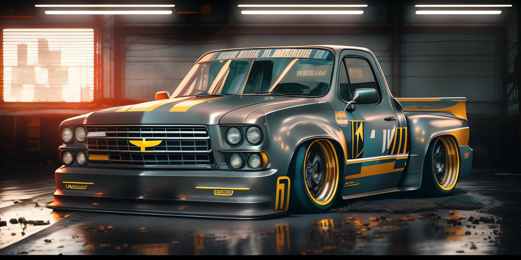 in the style of 32k uhd , There's a truck with a yellow stripe on the bed, Greg Rutkowski - C 1 0, Directed by: Eddie Mendoza, Corpo largo, Dan Mumford. octan render, No estilo de Kyrill Kotashev, insanamente detalhado c 10.0, daniel maidman octane rendering, Dan Mumford. 8K octane rendering, Directed by: Juan Carlos Stekelman