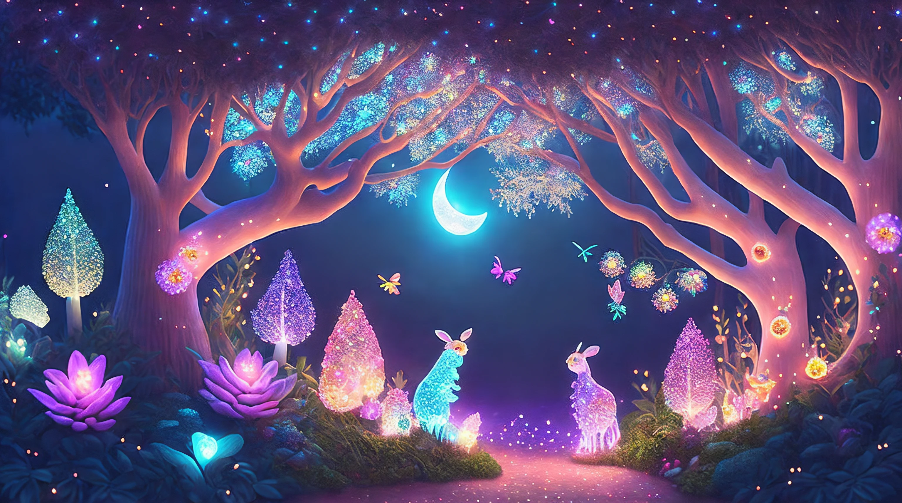 An intricate and stunning display of fairy lights, with glowing pastel lights, delicately wrapped around trees in the jungle, there are vibrant colors all around in the flowers, Nighttime, ambient moonlight, fantasy style, cute fairylike creatures dwell there