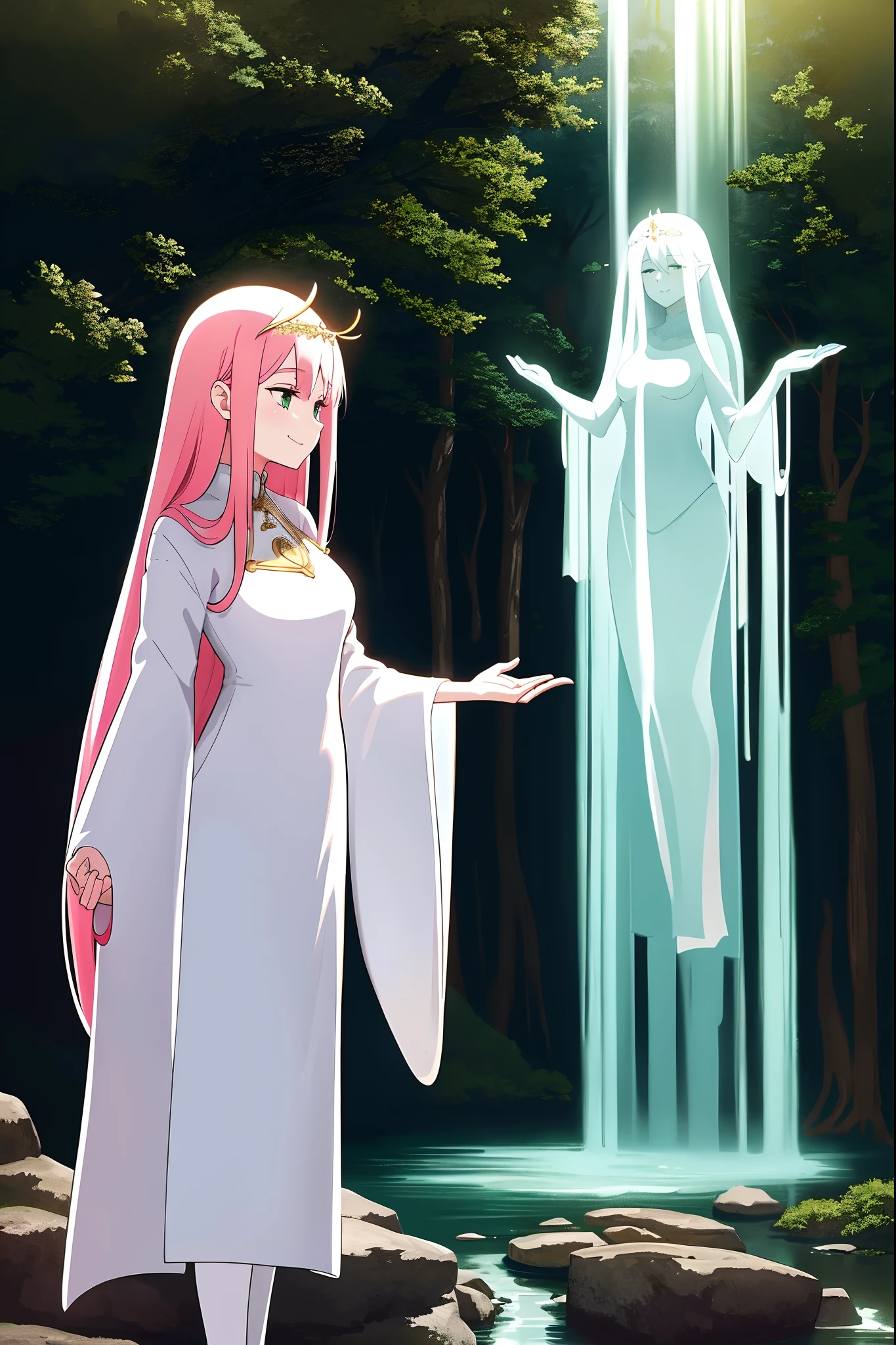 Zero Two, dress, sun halo, holy, smile, medium breast, priestess, full body, walking, divine aura, sun halo, solar halo, long skirt, porcelain skin, ethereal, graceful movement, flowing golden hair, radiant beauty, enchanting gaze, serene expression, soft sunlight, angelic presence, celestial atmosphere, mystical background, celestial light, glowing halo, gentle breeze, ethereal glow, captivating aura, divine radiance, natural beauty, sublime elegance, heavenly charm, peaceful countenance, harmonious surroundings, ethereal grace, mesmerizing presence, transcendent allure, magical serenity, serene and majestic, radiant happiness, heavenly enchantment, delicate features, elegant posture, celestial maiden, otherworldly presence, serene and ethereal, divine embodiment, celestial being, spiritual tranquility, mesmerizing beauty, ethereal goddess, radiant purity. Preparing SeaArt Bot Txt2Img Default 21:19:45, green eyes, white robe, large skirt, long skirt, longeyelashes, solid circle eyes, light smile, ear blush, fang, Surrealism, drop shadow, anaglyph, stereogram, tachi-e, pov, atmospheric perspective, 8k, super detail, ccurate, best quality, best quality, high quality, super detail, anatomically correct, retina, UHD, masterpiece, high details, award winning, highres, textured skin, ccurate, venus body,medieval clothing, dark atmosphere, ornate details, dim lighting, dramatic shadows, mysterious aura, intricate lace patterns, porcelain skin, bewitching gaze, elegant posture, majestic presence, flowing silhouette, gothic architecture, candlelit hauntingly beautiful, enchanting presence, ethereal ambiance, alluring expression, intense sensuality, exquisite jewelry, supernatural allure, captivating aura, sensual curves, full body, boots, happy, smile, boots, standing pose, black cape