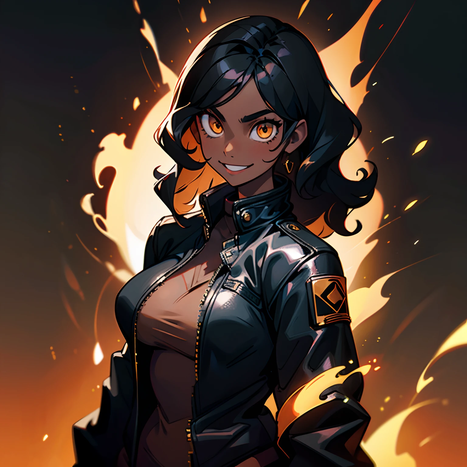 ((solo character)), 1 young adult woman, cocky smile, shiny golden eyes, big breasts, strong body, ((black woman)), ((black skin)), black leather jacket, black wavy hair, fire background
