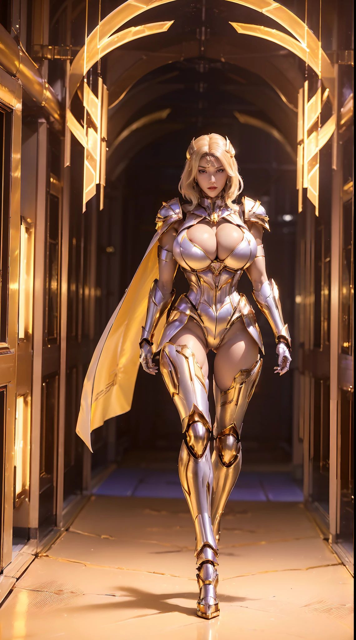 (1GIRL, SOLO), (ssmile, makeup, beautifull eyes, red_libs, blond_hair, dragon gold helmet), (BIG BUTTOCKS, HUGE BOOBS:1.4), (PHOENIX MECHA GUARD ARM, GLOVES:1.3), (white,purple,gold, MECHA CYBER SHINY ARMORED SUIT, ROYAL CAPE, CLEAVAGE, MECHA SKINTIGHT HOTPANTS, GUARD ARMOR LEGS, HIGH HEELS:1.4), (MUSCULAR BODY, SEXY LONG LEGS, FULL BODY:1.5), (MUSCLE ABS:1.2), (LOOKING AT VIEWER:1.3), (WALKING DOWN HALLWAY OF FUTURISTIC SPACE STATION, BRIGHT LIGHTING IN THE ROOM:1.3), PHYSICALLY-BASED RENDERING, ULTRA HIGHT DEFINITION, 16K, 1080P.