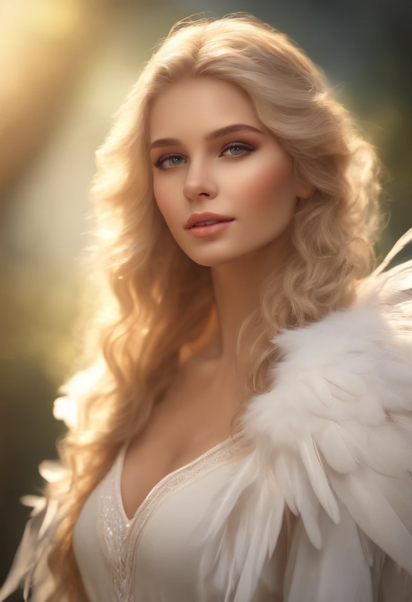 1girl, beautiful detailed eyes, beautiful detailed lips, extremely detailed face, long eyelashes, medium breasts, blonde hair, long hair, wavy hair, grey eyes, white feathered wings, angel, outdoors, white jacket, choker, tank top, jeans, illustrative style, vivid colors, sunlight, soft shadows, (best quality, 4k, highres), ultra-detailed, (photorealistic:1.37), (HDR), angelic aura, ethereal background, delicate feathers, gentle breeze, serene expression.