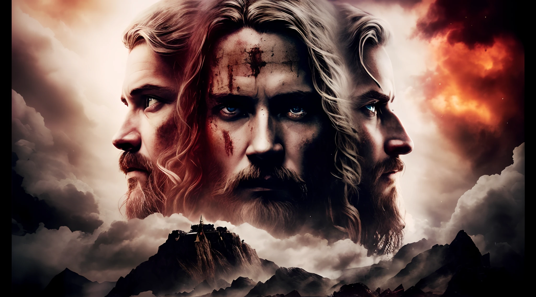um close up de um cartaz de filme com um homem e uma mulher, curar, dramatic artwork, innblásin af Þórarinn B. Thorlaksson, Programa de TV, VIQUINGUES, arte chave, Retrato pintado de Odin acidentado, dramatic art, Directed by: Adam St. Pedro, Directed by: Adam Marczyński, viking heaven
