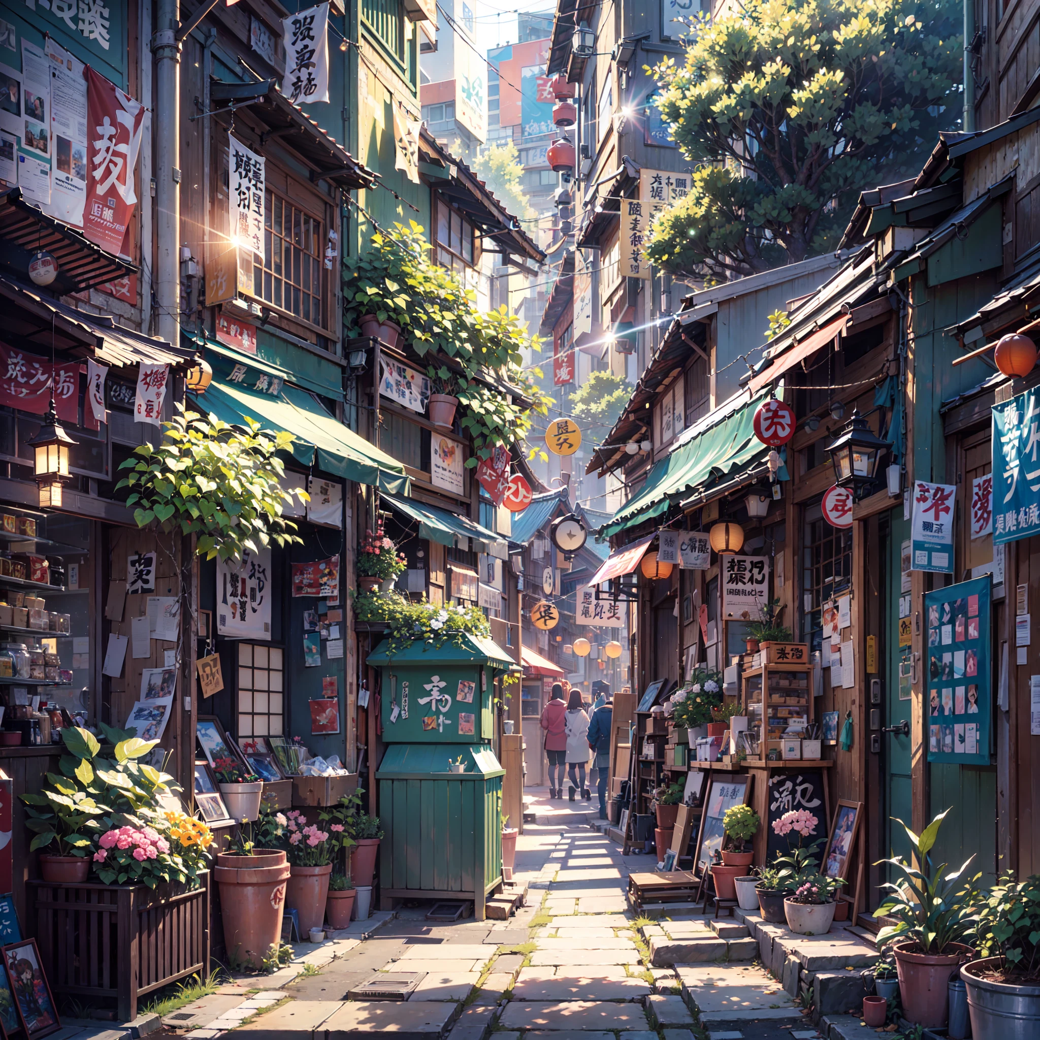 high detail, anime, anime style, sparkle, cinematic lighting, god rays, glowing light, reflection light, close-up, lens flare, masterpiece, high details, best quality, super detail, high quality, anime background, anime wallpaper, sunny weather, bright blue sky, dramatic lighting, narrow japanese urban alleyway, japanese shop signs, japanese signs, japanese banners, banners, plant pots, plants, trees, grass, cobble path, trash cans