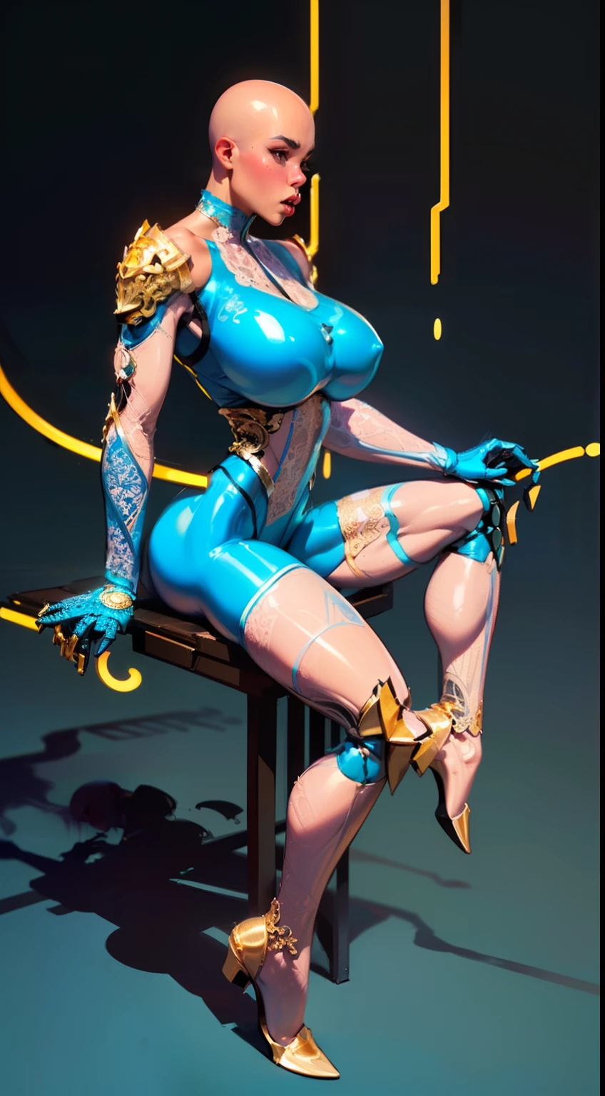 8k ((above view:1.3)), ((full body view))(large eyes:1.3), defined cheekbones, looking back, ((the pit style:1.4))((sleek dark blue bodysuit:1.6)) ((intricate lace details:1.6))detailed face:1.5), lightblue skin,(puffy lips:1.5) (lightblue skin:1.6), ((bald woman:1.7)), ((skinhead)), ((sexy pose)),(Muscular:1.3), ((gigantic breasts:1.5)), )highly detailed, Volumetric lighting, baroque oil painting by Greg Rutkowski, Artgerm, WLOP, dynamic angle,((intricate neon lines on bodysuit:1.3)), majestic, digital photography, best shadow, light particles, art by artgerm and ruan jia and greg rutkowski, ((gold shoulder pads:1.6)), (masterpiece), sidelighting, intricate details, (((black color palette)))