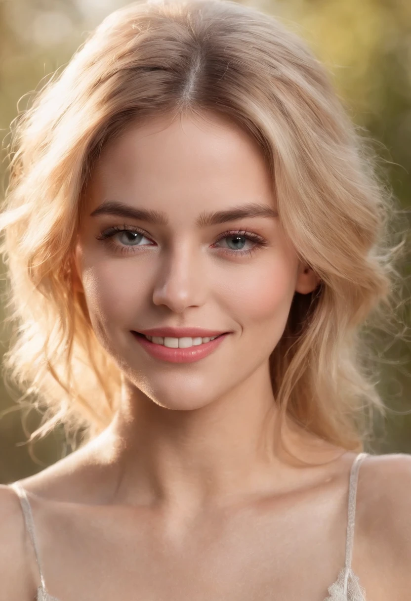 beste-Qualit, master piece, ultra highres, (photoreallistic: 1.5), Photo brute, 1fille, Severed shoulder, jour, ombre profonde, Discret, Warm Light, Look sexy, Short tousled hair, Blonde aux yeux vert ,Grand sourire,belle dentition, plage, voyage