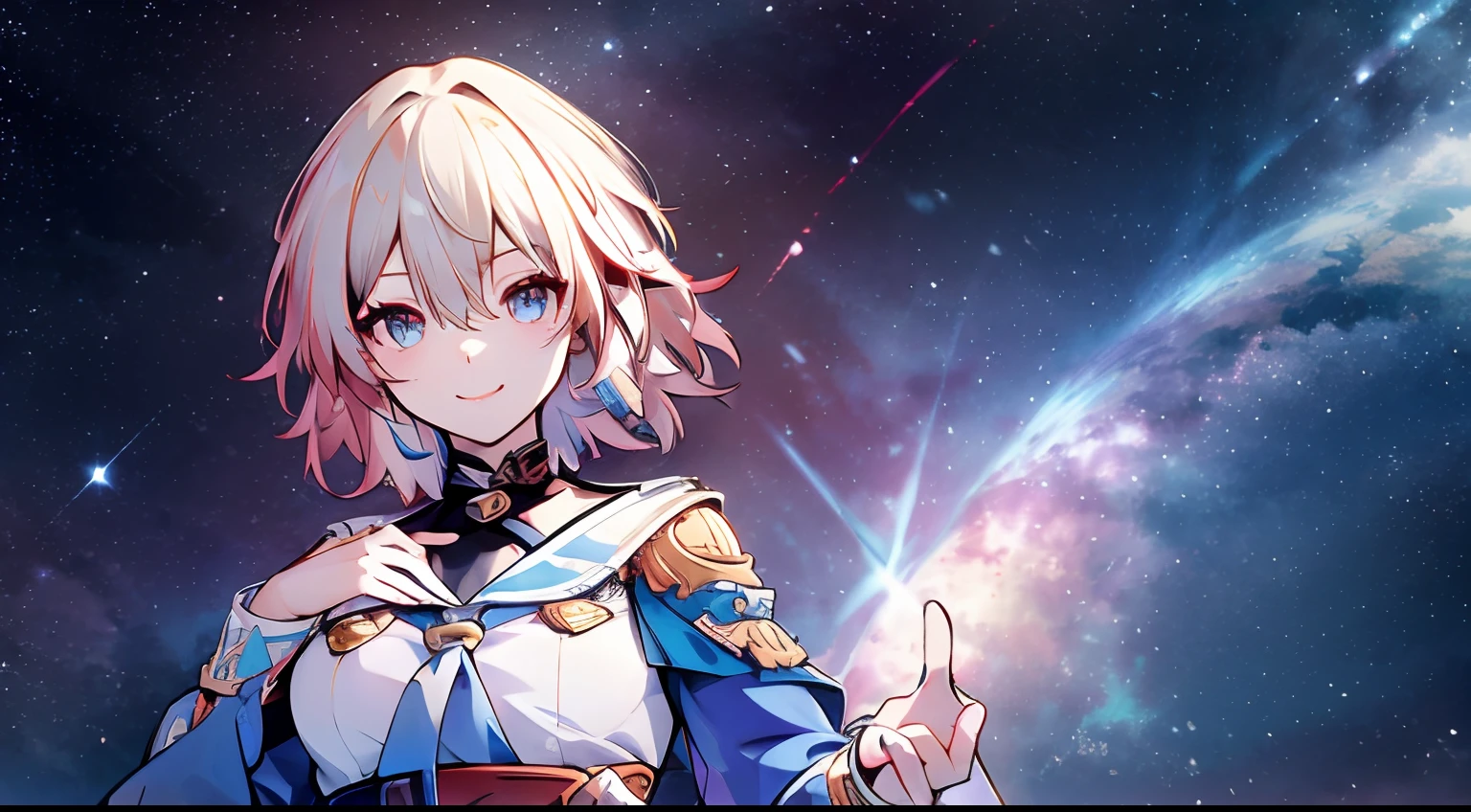 Illustration, UHD, retina, masterpiece, accurate, anatomically correct, super detail, high details, high quality, award winning, best quality, highres, good anatomy, 1080P, HD, 4K, 8k, 16k, 1girl, dynamic pose, androgynous, detailed eyes, detailed clothes, detailed hair, rendering, strands of hair, cute waifu, hair between eyes, short hair, March 7th, portrait, smiling, stars, cute, multicolored eyes, in the middle, creative image