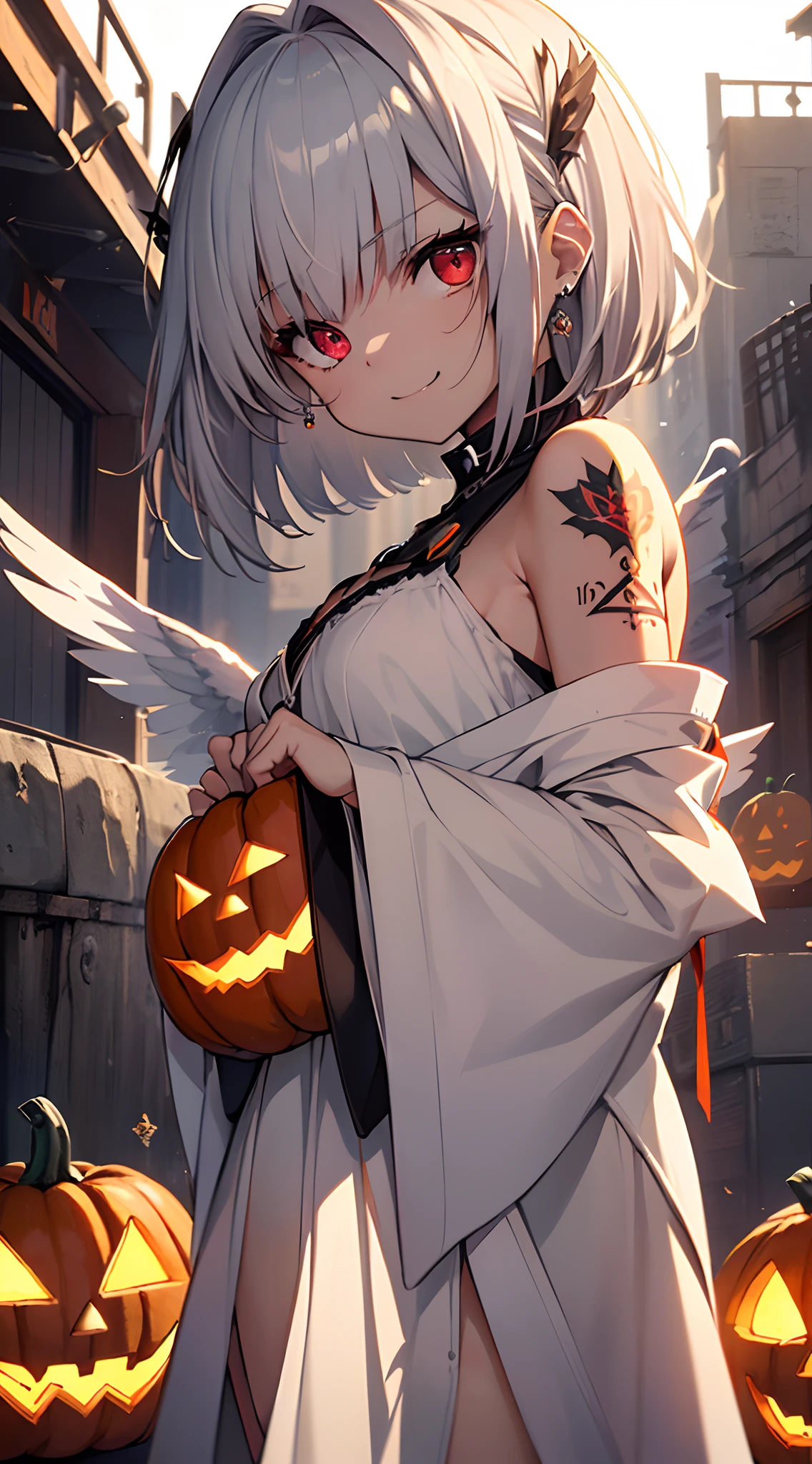 top-quality、Top image quality、in 8K,4K,masterpiece、(NSFW:1.1)、ultra-detailliert、Beautiful、ultra-quality、adult-like:1.2、Cool、girl with(((18year old、white slit dress、、Bust 78、silber hair、a short bob、Red Eyes、the angel's wings:1.2、erotick:1.4、Happiness、 jack-o-lanterns、The tattoo)))、hiquality、visualart、Background with((Dark Halloween 1.3))、disaster々Right、masutepiece