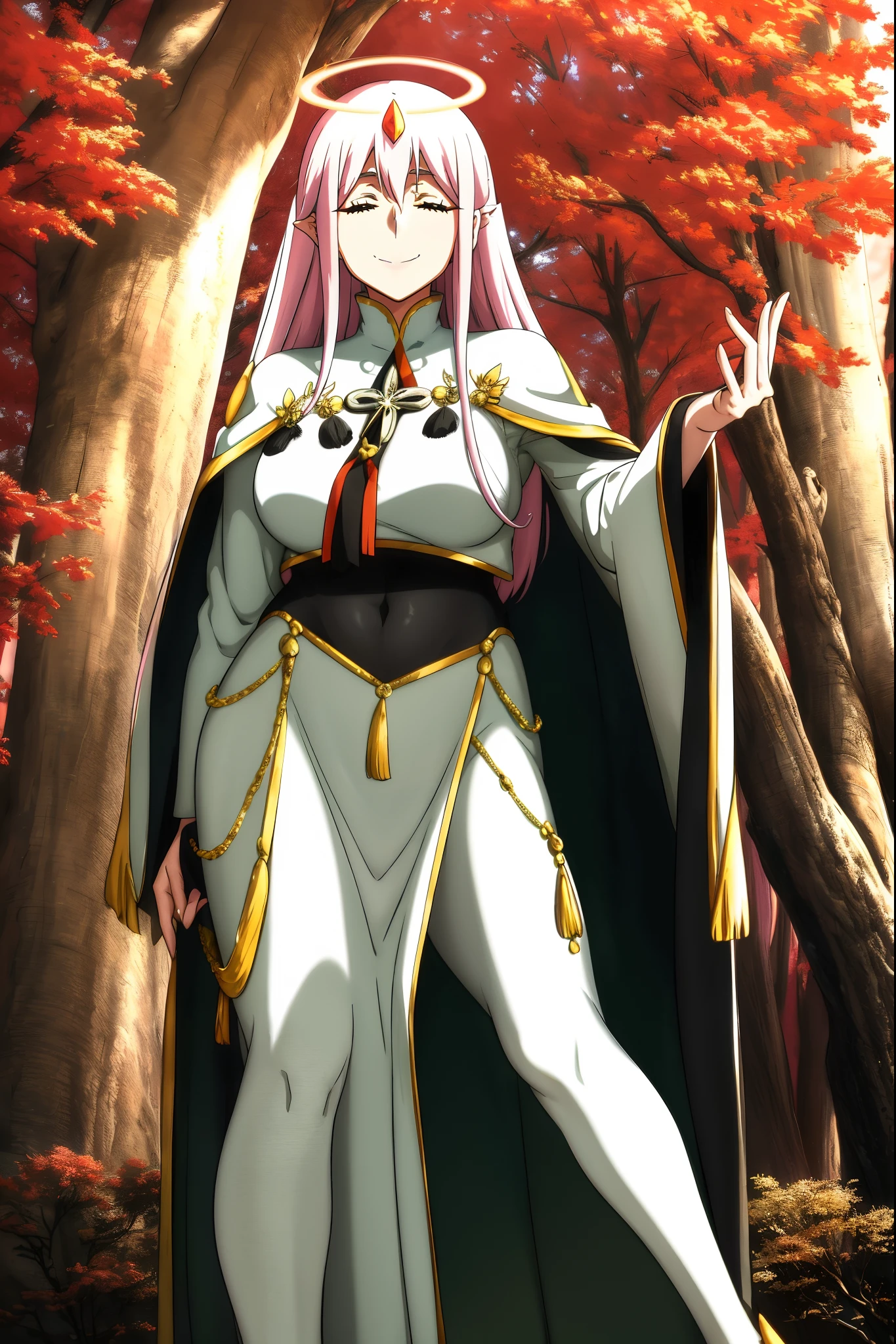 Zero Two, dress, sun halo, holy, smile, medium breast, priestess, full body, walking, divine aura, sun halo, solar halo, long skirt, porcelain skin, ethereal, graceful movement, flowing golden hair, radiant beauty, enchanting gaze, serene expression, soft sunlight, angelic presence, celestial atmosphere, mystical background, celestial light, glowing halo, gentle breeze, ethereal glow, captivating aura, divine radiance, natural beauty, sublime elegance, heavenly charm, peaceful countenance, harmonious surroundings, ethereal grace, mesmerizing presence, transcendent allure, magical serenity, serene and majestic, radiant happiness, heavenly enchantment, delicate features, elegant posture, celestial maiden, otherworldly presence, serene and ethereal, divine embodiment, celestial being, spiritual tranquility, mesmerizing beauty, ethereal goddess, radiant purity. Preparing SeaArt Bot Txt2Img Default 21:19:45, green eyes, white robe, large skirt, long skirt, longeyelashes, solid circle eyes, light smile, ear blush, fang, Surrealism, drop shadow, anaglyph, stereogram, tachi-e, pov, atmospheric perspective, 8k, super detail, ccurate, best quality, best quality, high quality, super detail, anatomically correct, retina, UHD, masterpiece, high details, award winning, highres, textured skin, ccurate, venus body,medieval clothing, dark atmosphere, ornate details, dim lighting, dramatic shadows, mysterious aura, intricate lace patterns, porcelain skin, bewitching gaze, elegant posture, majestic presence, flowing silhouette, gothic architecture, candlelit hauntingly beautiful, enchanting presence, ethereal ambiance, alluring expression, intense sensuality, exquisite jewelry, supernatural allure, captivating aura, sensual curves, full body, boots, happy, smile, boots, standing pose, black cape