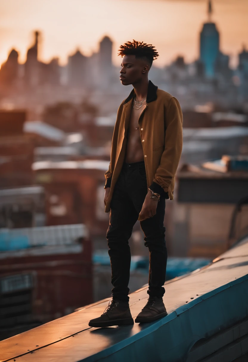 African american 19 year old with a low fade haircut in a cyberpunk setting standing on a roof
