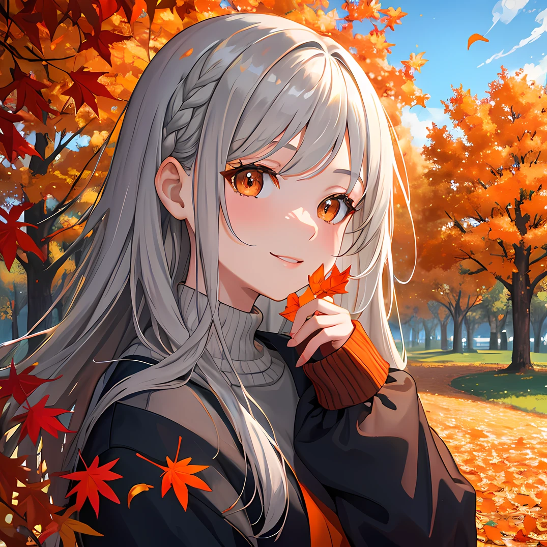 masterpiece, best quality, outdoors, trees with red and orange leaves, falling leaves, autumn, 1 girl, (gray hair),(orange eyes), sweater, looking at viewer, park, small smile, blue sky