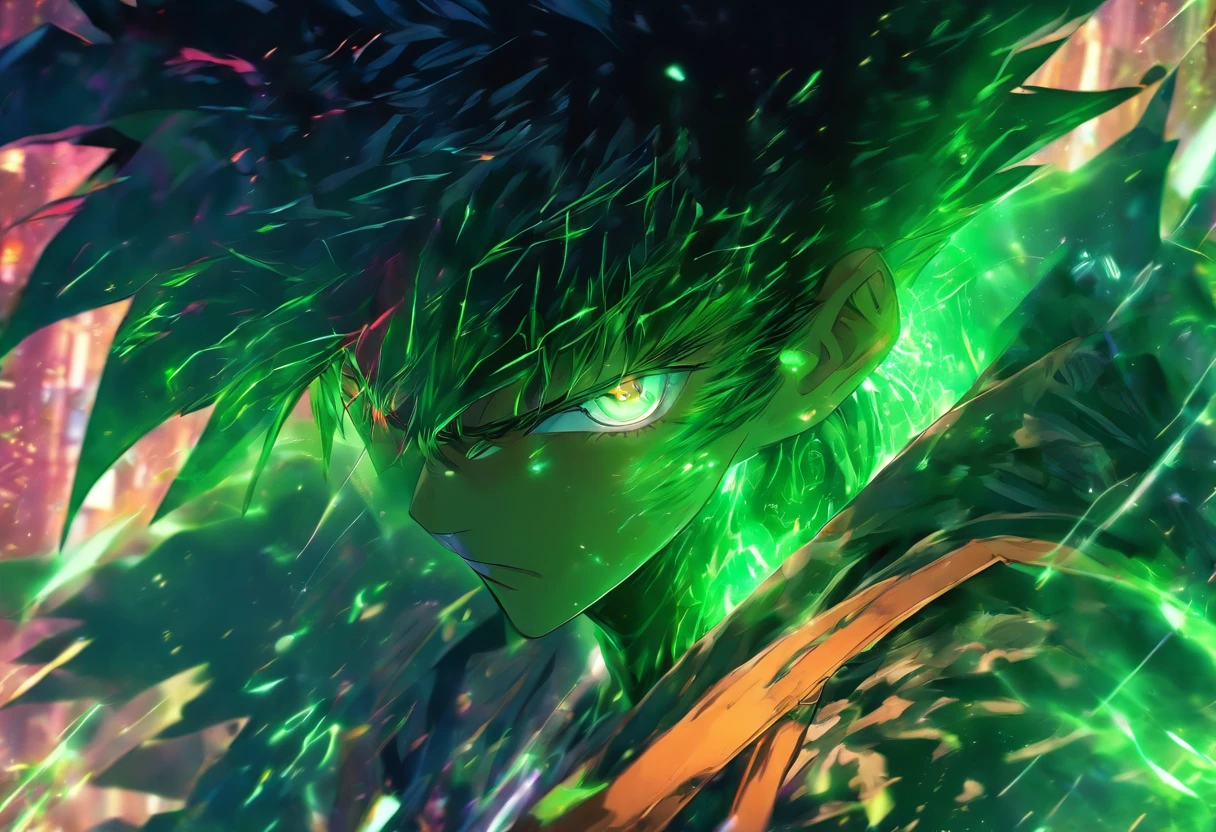Personaje masculino, A young man about 18 years old, of medium height and athletic build, Tiene cabello negro y desordenado, ojos de color verde intenso y una cicatriz en la mejilla izquierda, esta en algun lugar en una ciudad futuristica, detallado y full Hd