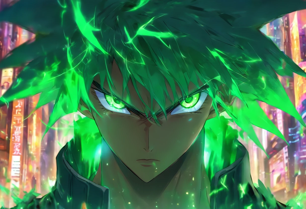 Personaje masculino, A young man about 18 years old, of medium height and athletic build, Tiene cabello negro y desordenado, ojos de color verde intenso y una cicatriz en la mejilla izquierda, esta en algun lugar en una ciudad futuristica, detallado y full Hd