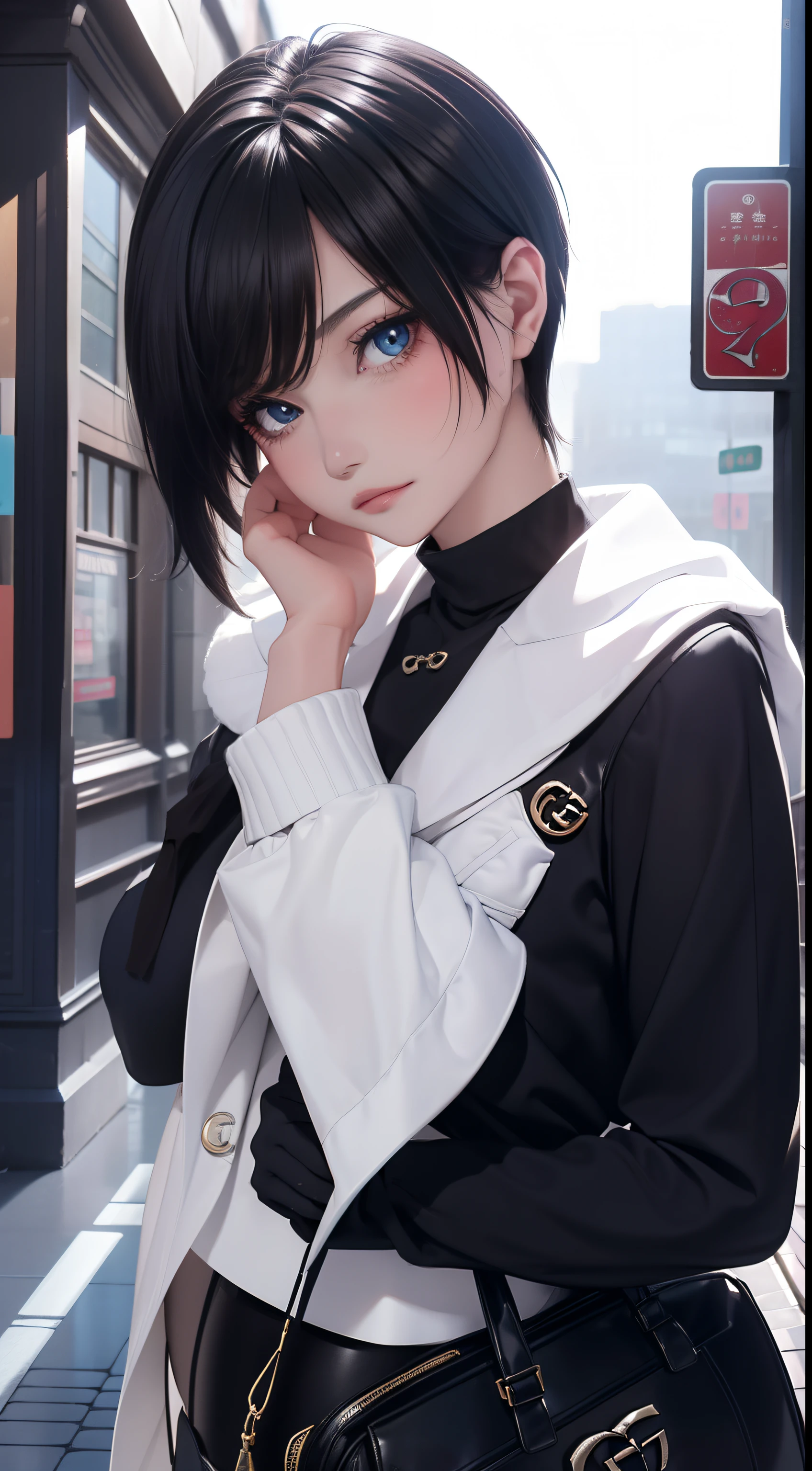4K, Realistic, ighly detailed, Soft clothes, Short hair, Wearing enamel black leggings, 25 years old, Full body, Wear Gucci shoes、Shop windows in the city、fullllbody、Stand tall