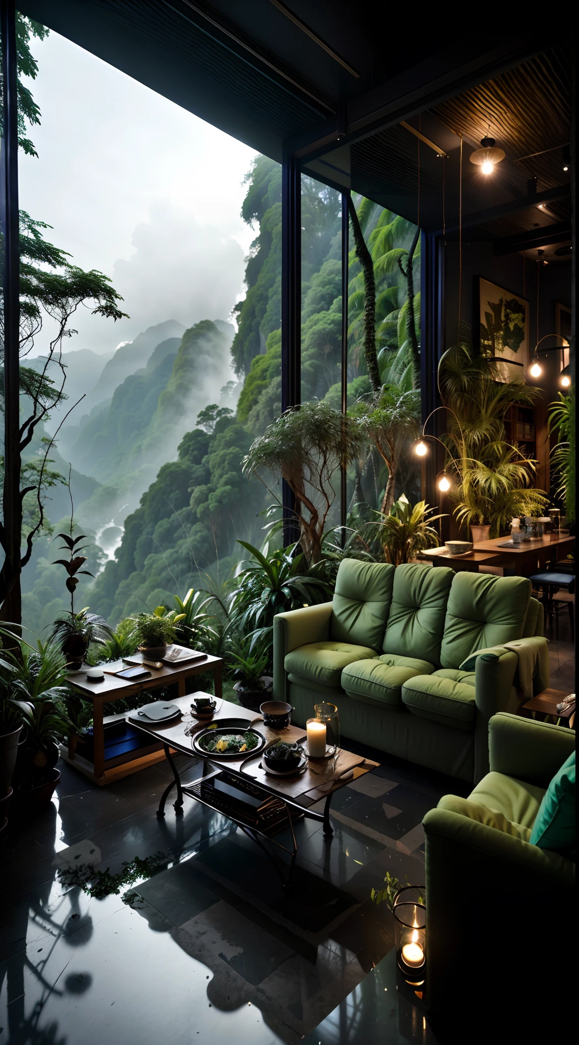 Sala de estar com vista para uma montanha e uma floresta, mountainous jungle setting, jungle setting, Como uma cena de Blade Runner, magical ambiance, pintura escura ultrarrealista, em um ambiente de selva, pleasant environment, floresta nublada, Selva bonita, ambiente mal-humorado, Selva exuberante, Inside an alien jungle, Plantas e selva, montanhas da floresta tropical, ambiente relaxante