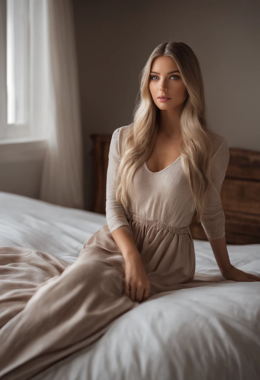 arafed woman fully , sexy girl with blue eyes, ultra realistic, meticulously detailed, portrait sophie mudd, blonde hair and large eyes, selfie of a young woman, bedroom eyes, violet myers, without makeup, natural makeup, looking directly at the camera, face with artgram, subtle makeup, stunning full body shot kneeling on bed, in bedroom, medium to large size bust