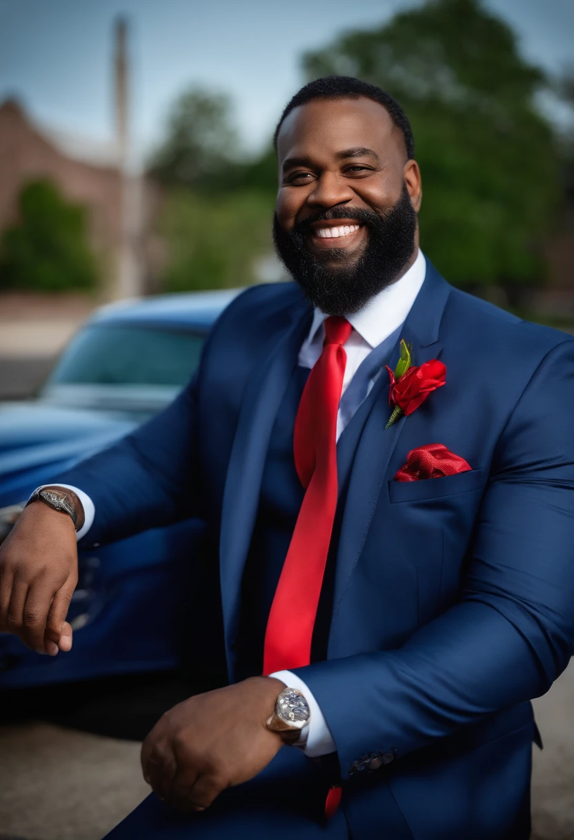 56 African american male mayor whos 340lbs and a beard. He wearing a Blue suit with a red tie smiling for a portrait photo