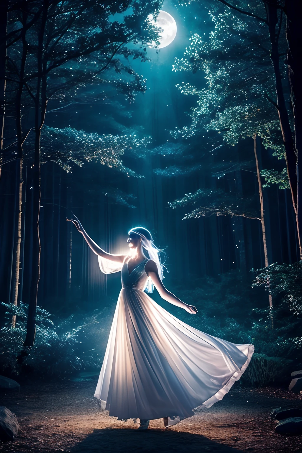 An ethereal being, their skin a dance of opalescent hues. A creature of dreams, adorned in luminescent silver and midnight blue, striding through an otherworldly forest. The air is filled with the soft glow of floating orbs, casting gentle shadows on the majestic, ancient trees. Their attire, a fusion of elven elegance and cosmic extravagance, captures the essence of a celestial soirée. Paint me a scene where the boundaries between magic and reality blur, and the very essence of the mystical dances in the moonlight.