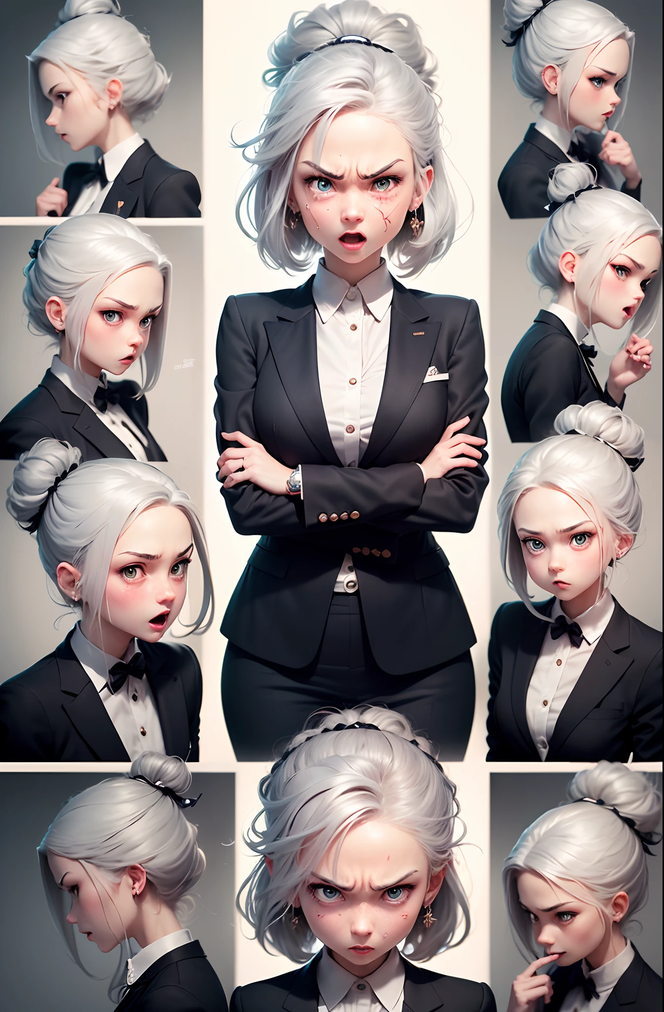 (Office worker, anime style character, Emoji pack), (silver hair, old lady, wearing suit:1.3)，(emoji design sheet)，Align arrangement, poses and expressions, (upper body),（Black strokes, Different emotions, various facial expressions), (multiple expressions of the same character:1.6)，(masterpiece, best quality, highly detailed, high-resolution illustration:1.2), (sad, happy, having fun, exhausted, big laugh, Angry, doubt, cute, wait, hurry）