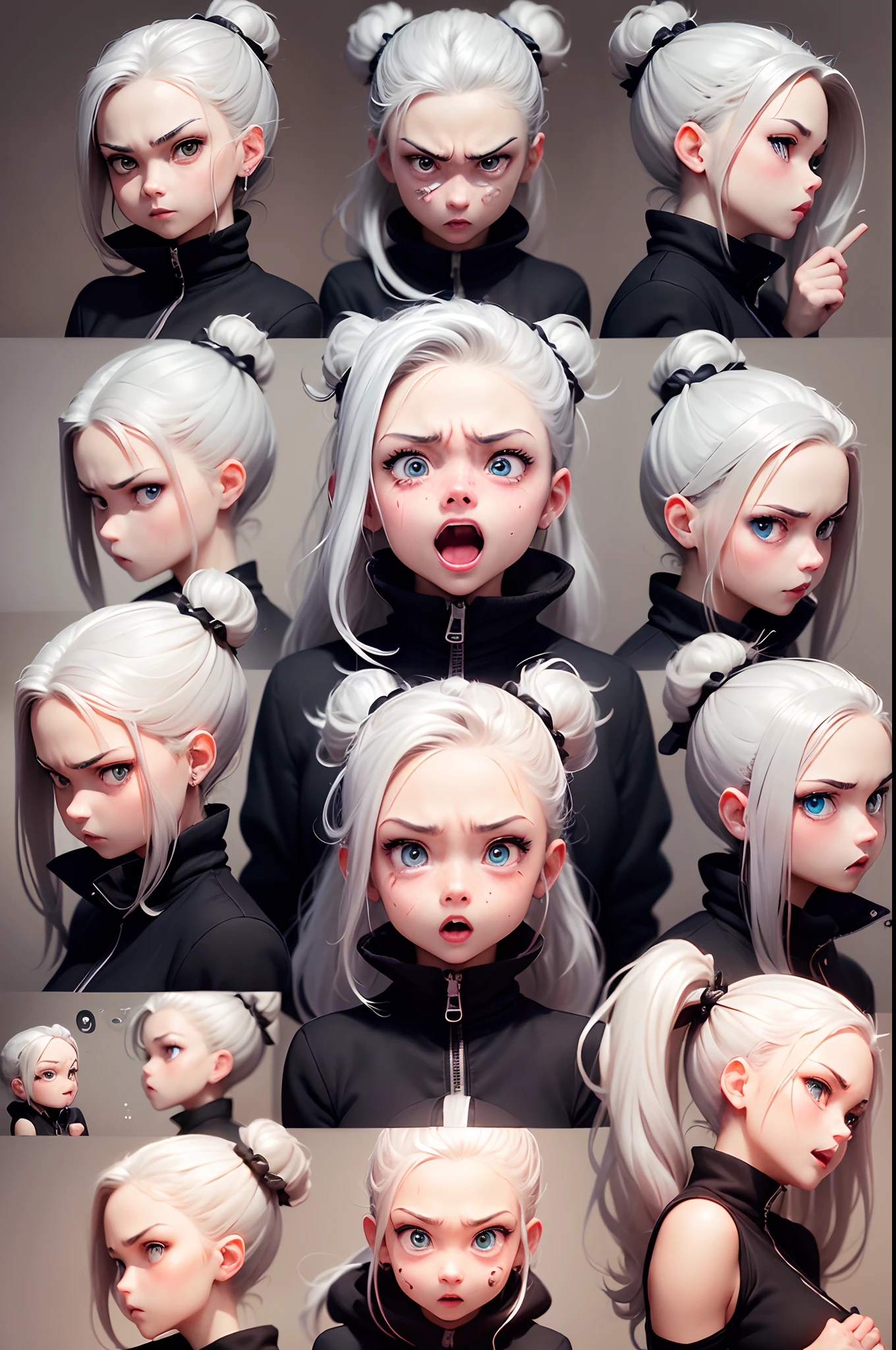 (Office worker, anime style character, Emoji pack), (silver hair, old lady, wearing suit:1.3)，(emoji design sheet)，Align arrangement, poses and expressions, (upper body),（Black strokes, Different emotions, various facial expressions), (multiple expressions of the same character:1.6)，(masterpiece, best quality, highly detailed, high-resolution illustration:1.2), (sad, happy, having fun, exhausted, big laugh, Angry, doubt, cute, wait, hurry）