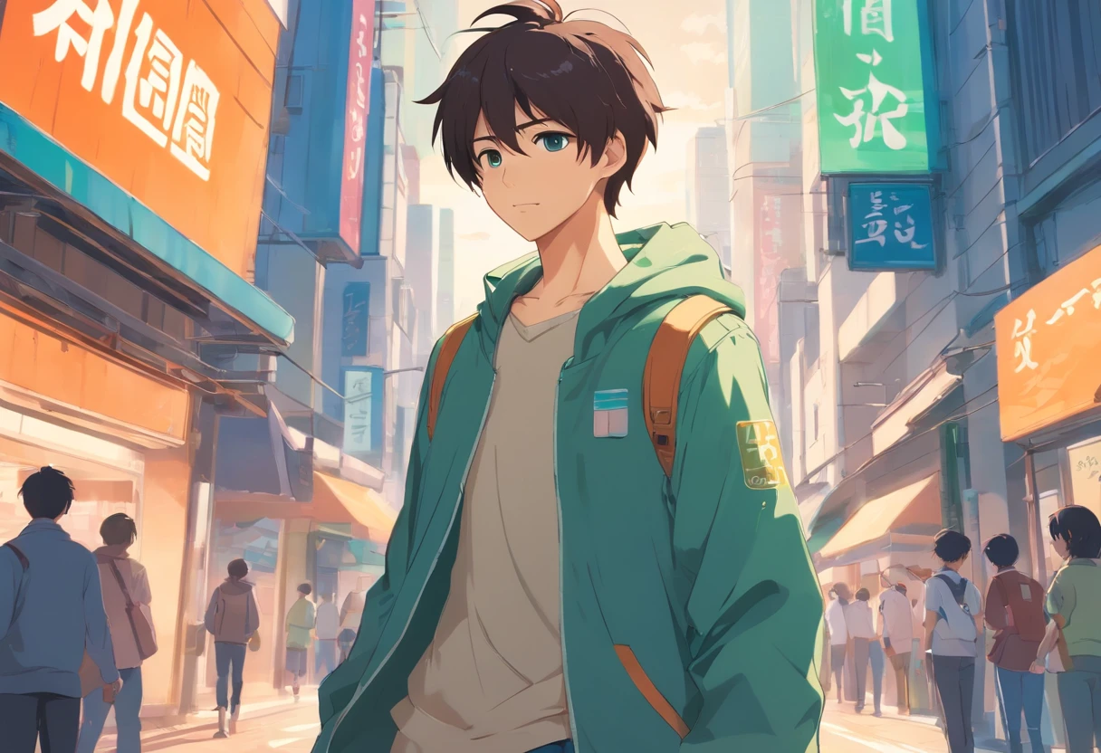Personaje masculino, A young man about 18 years old, of medium height and athletic build, Tiene cabello negro y desordenado, ojos de color verde intenso y una cicatriz en la mejilla izquierda, esta en algun lugar en una ciudad futuristica, detallado y full Hd