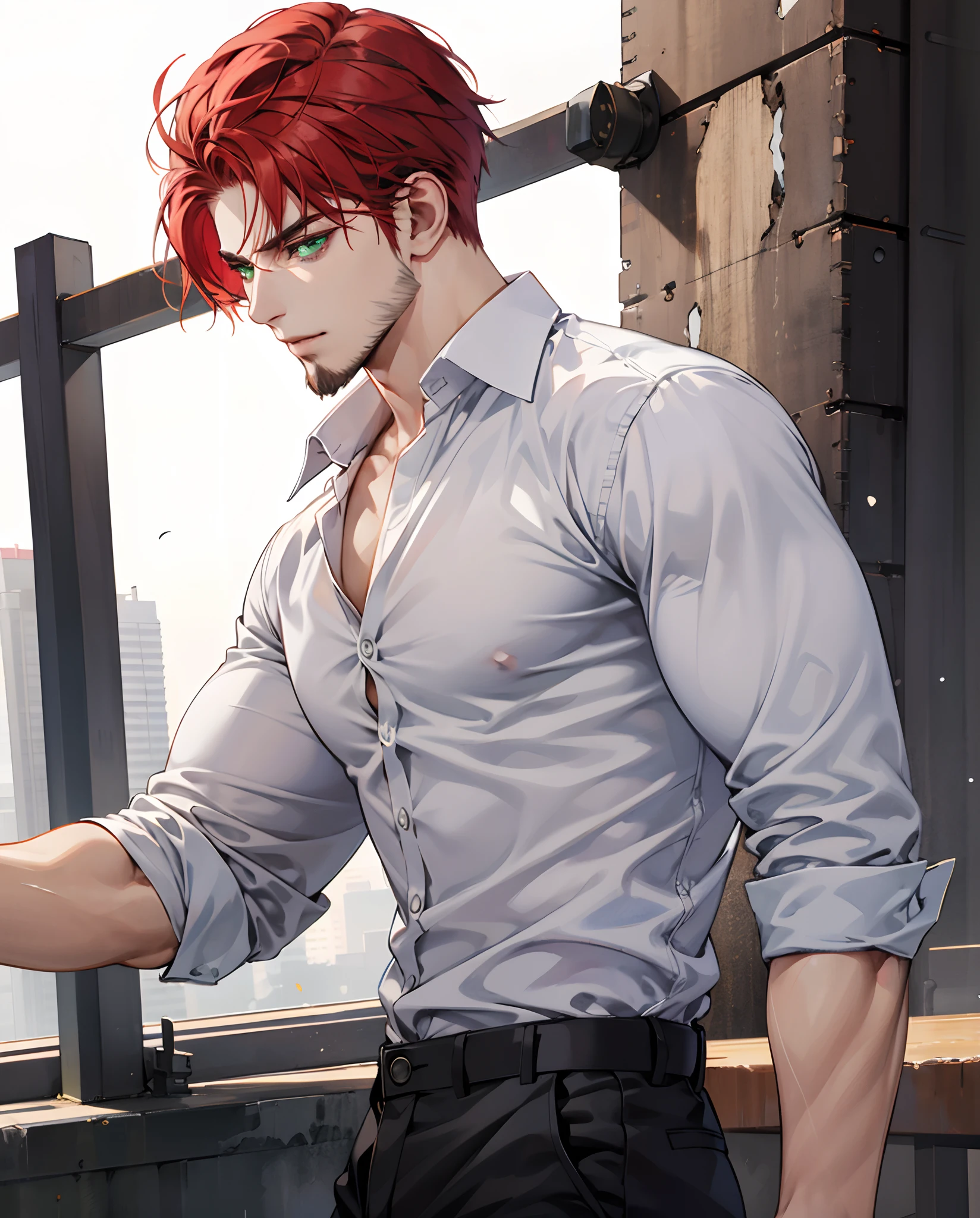Male, masculine, white shirt, hirsute, red hair