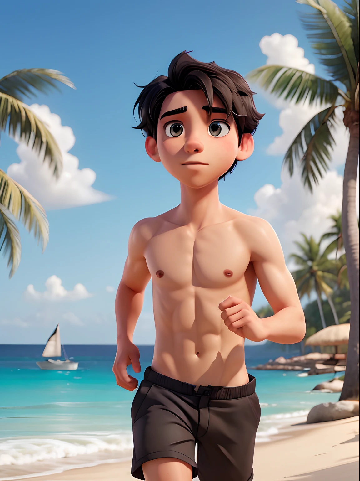 1male, solo, black hair, brown eyes, pale skin, shirtless, shorts, beach, running, extremely detailed, masterpiece, natural lighting, vibrant colors, high quality