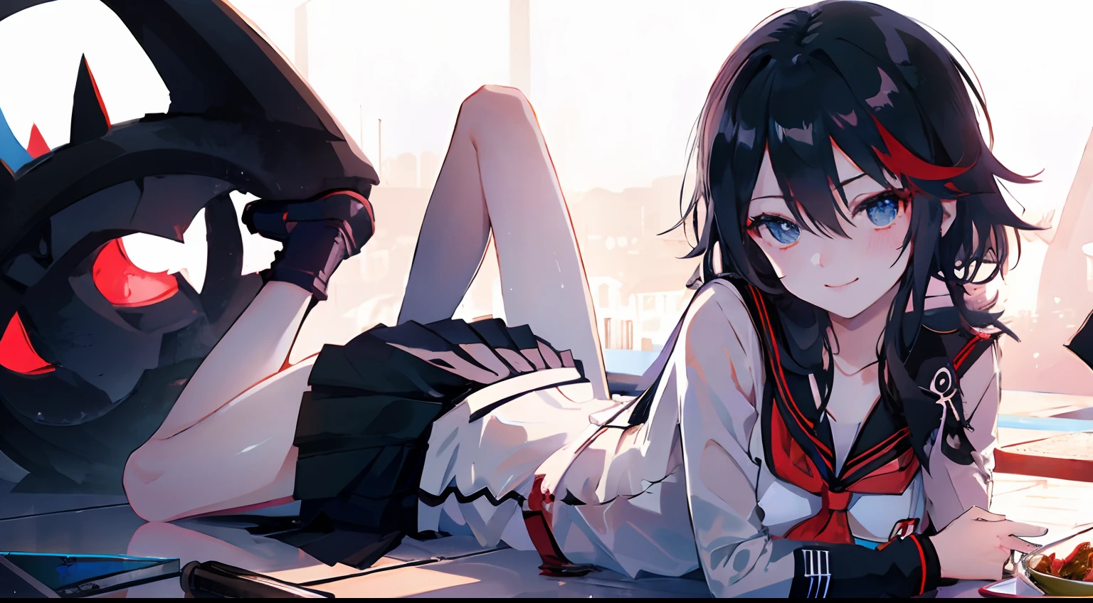 1 girl, sitting, socks, no shoes, looking at viewer, smiling, sitting on floor, black socks, (sketch:1.25), best quality, (((perfect feet))), multicolored hair, high res, masterpiece, supersharp,