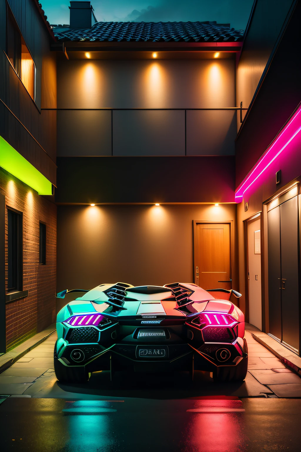 A chestnut punk home;Neon lights in the house;Lamborghini Aventador outside the house;8K ;Ultra photo realsisim