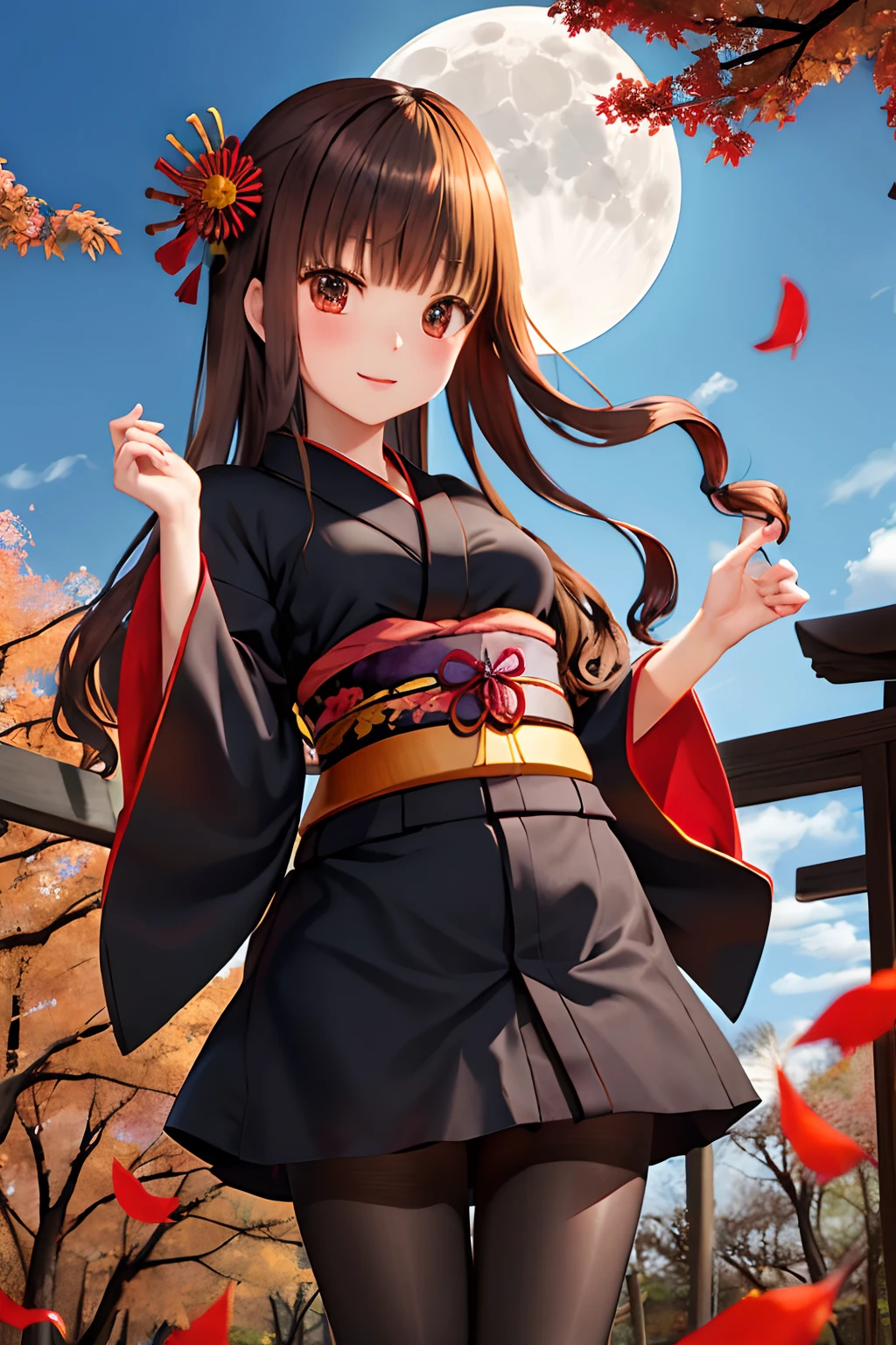 masutepiece, Best Quality, hight resolution, HMKH1, Black pantyhose, ((Kimono))、Cowboy Shot, Short length、fullmoon、Colored leaves