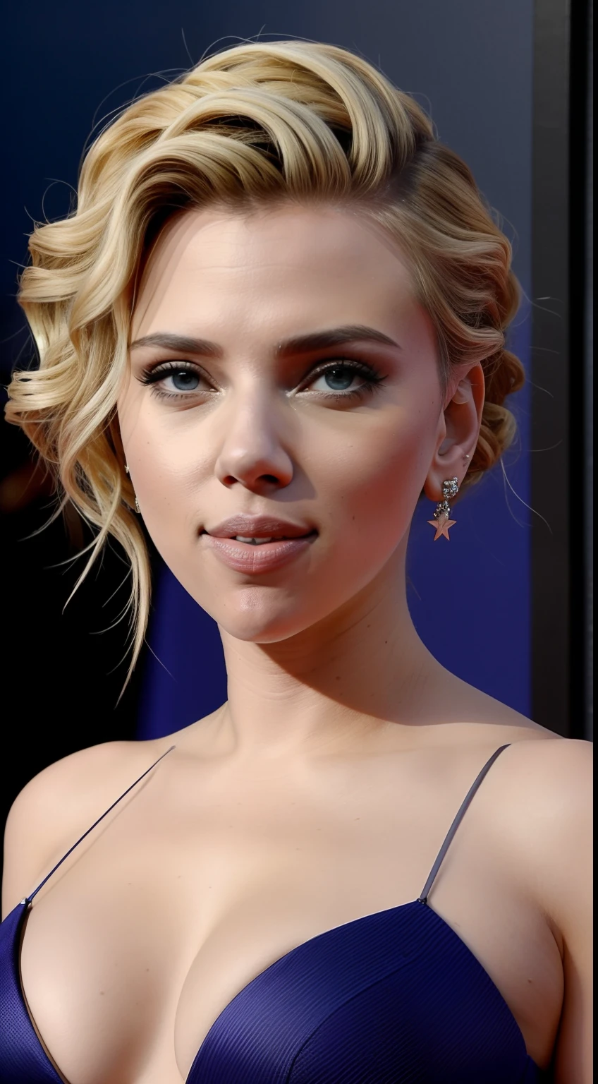 (8k, RAW photo, best quality, highres: 1.2), (realistic, photorealistic: 1.37), 1girl, Scarlett, lips, ((lips separated)), soft hair, light smile, seductive eyes, (upper body: 1.3), looking at the viewer, beauty mark, big breasts. large neckline (eye focus, 135mm lens, F/1.8, lens flare),