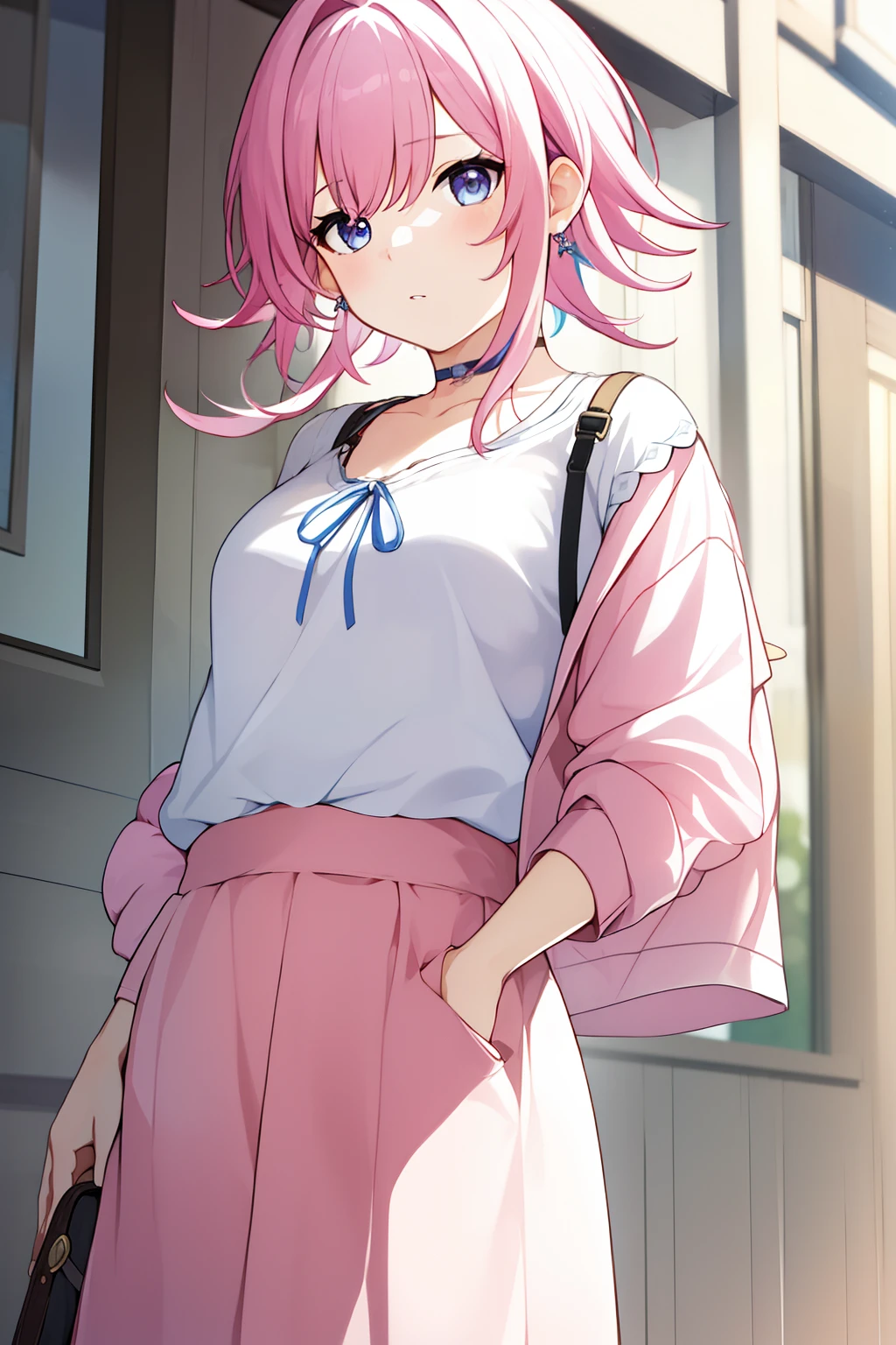 masterpiece, best quality, march7th, short hair, multicolored eyes, pink hair, bangs, blue eyes, long locks, ribbon earrings, shirt, skirt, choker, jacket, 1girl,