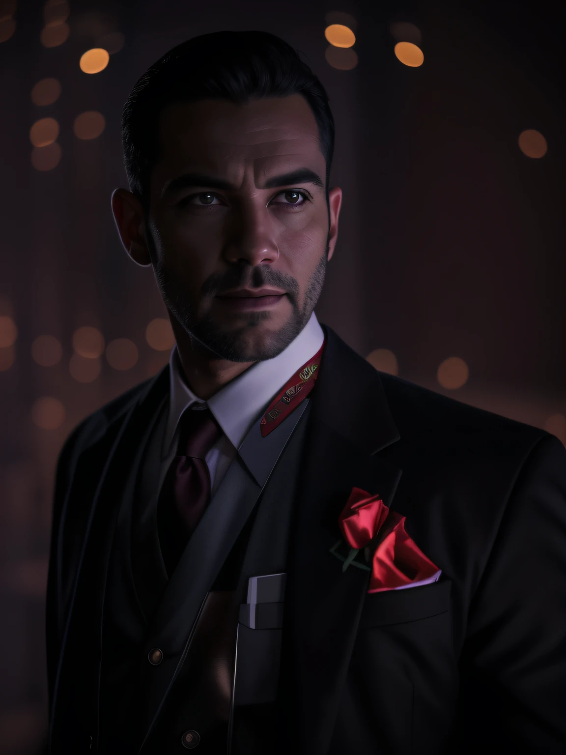 Retrato en primer plano del genial asesino a sueldo, Agente 47, con un elegante traje negro con corbata roja, Film Lighting Effects, Luz nocturna realista, luna llena, Fondo Bokeh Nikon 75mm Lente, Trazado de rayos, AMD Radeon 7900xz 8K RAW, Control saturation, Colores negativos neglact.
