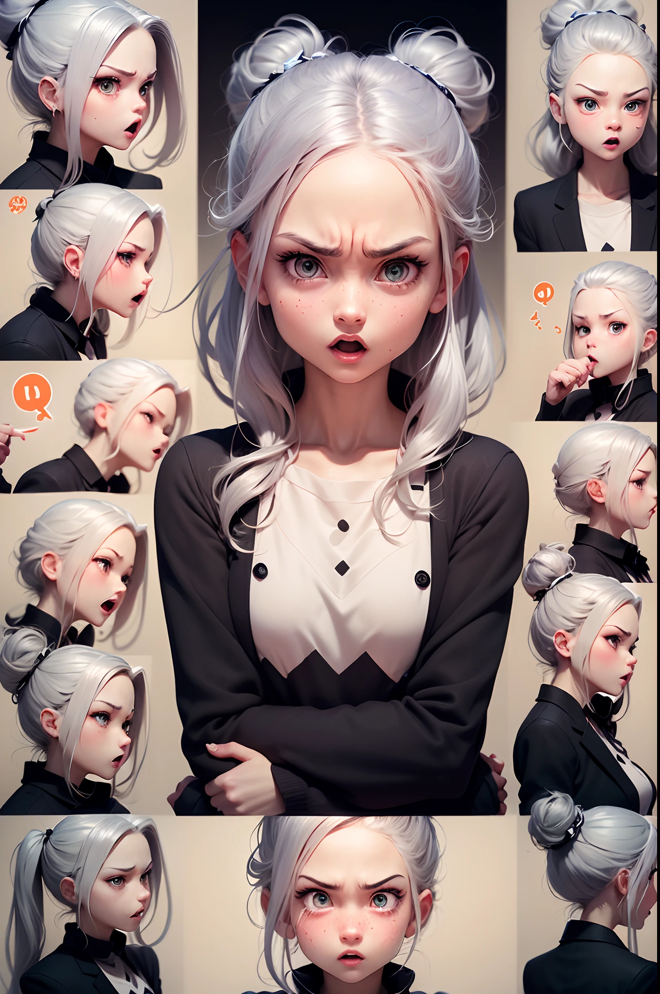 (Office worker, anime style character, Emoji pack), (silver hair, old lady, wearing suit:1.3),(emoji design sheet),Align arrangement, poses and expressions, (upper body),(Black strokes, Different emotions, various facial expressions), (multiple expressions of the same character:1.6),(masterpiece, best quality, highly detailed, high-resolution illustration:1.2), (sad, happy, having fun, exhausted, big laugh, Angry, doubt, cute, wait, hurry)